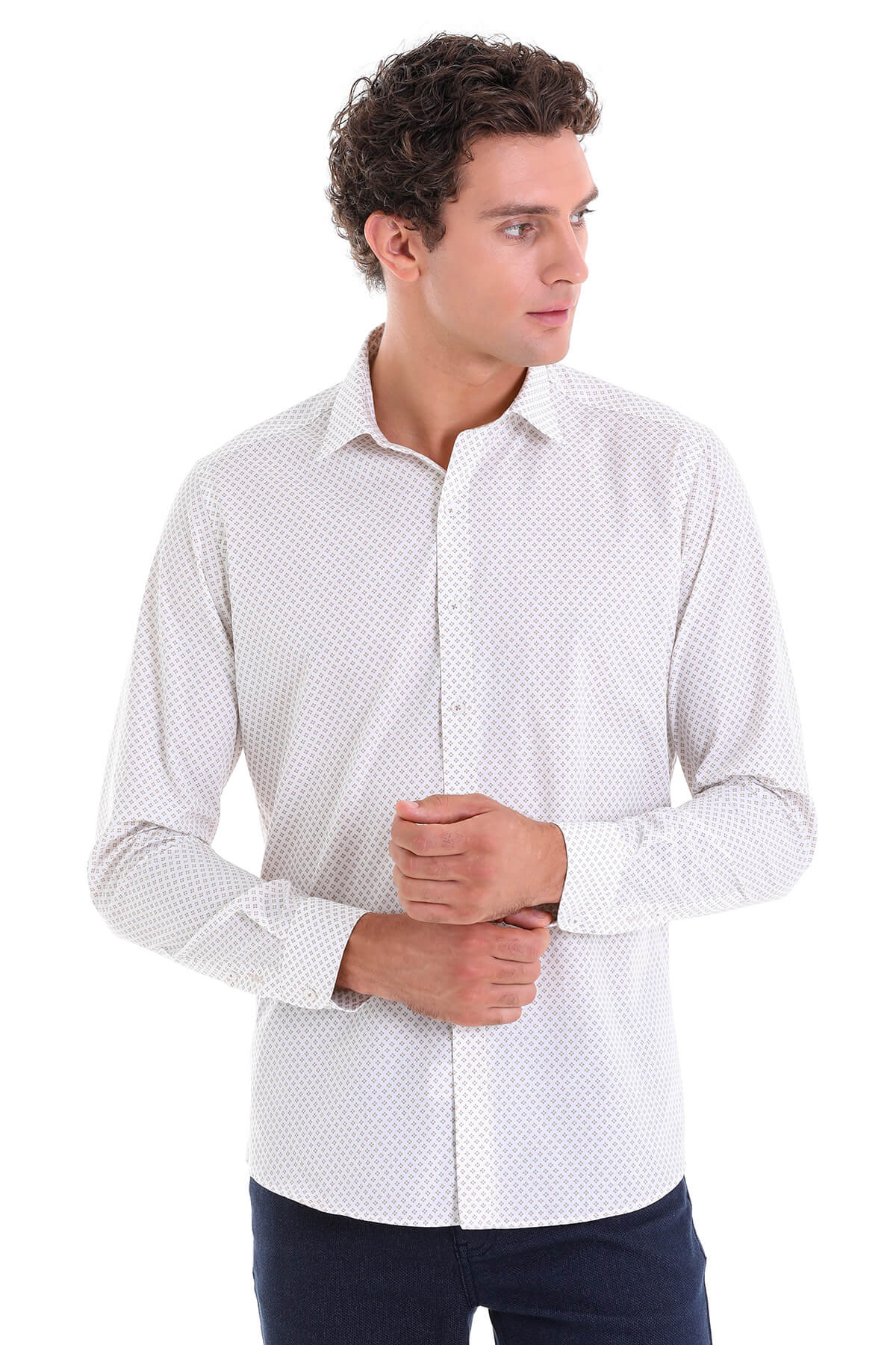 White long-sleeved button-down shirt with a subtle geometric pattern.