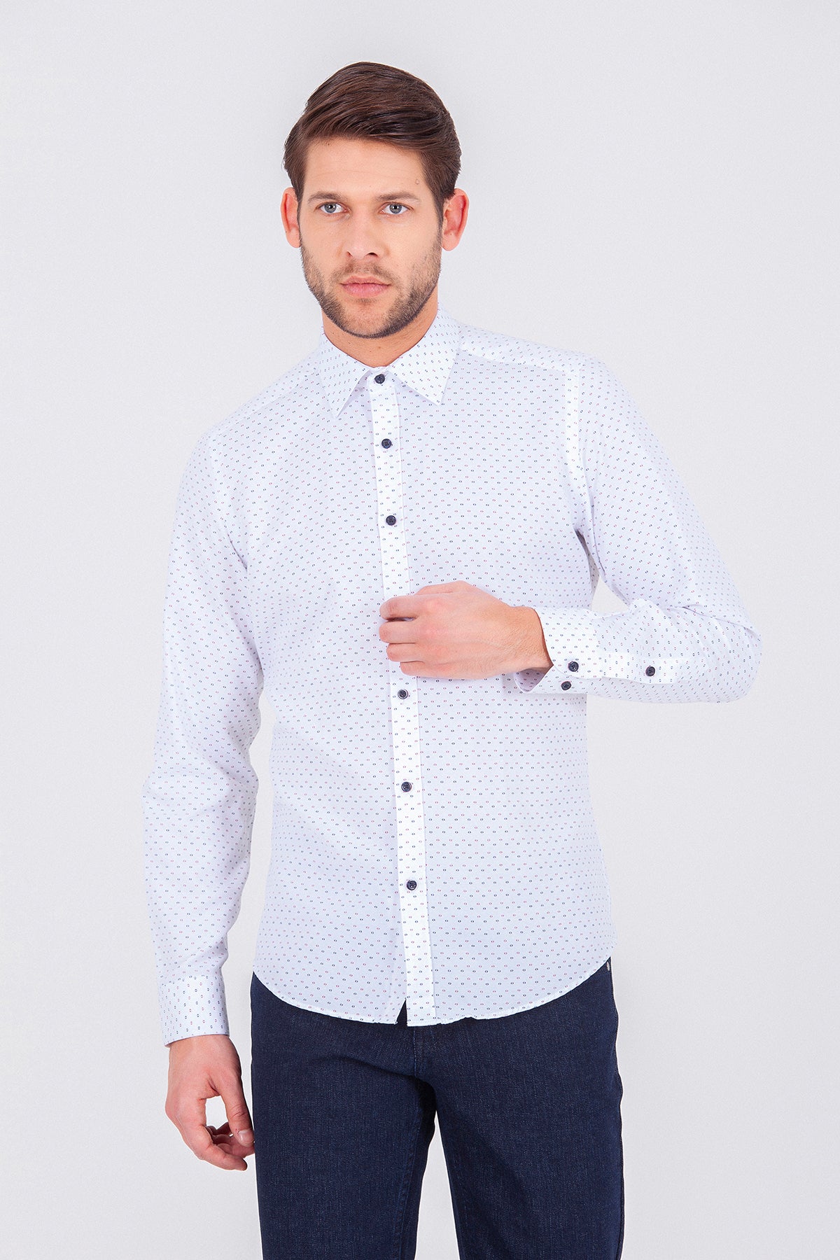 Slim Fit Long Sleeve Printed Cotton Blend Casual Shirt