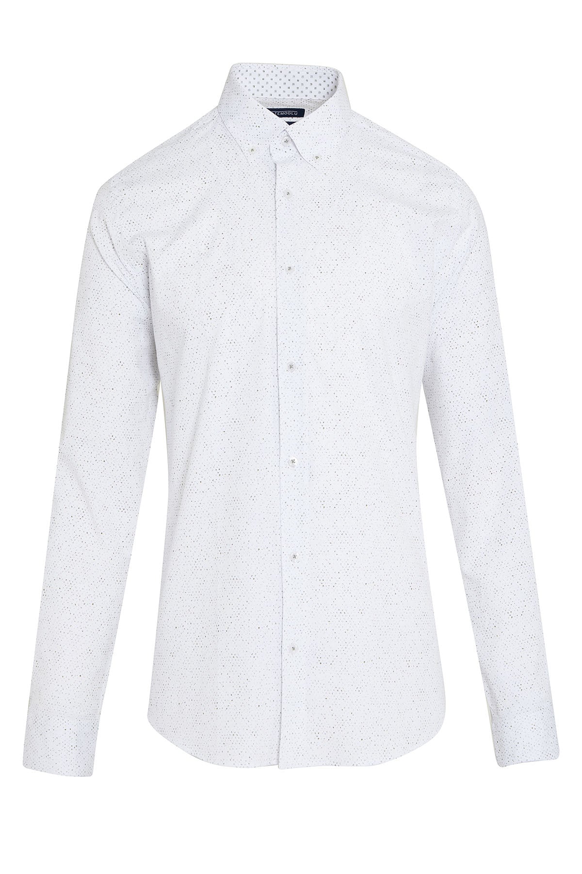 White men’s button-down shirt with a subtle dot pattern and a branded collar label.