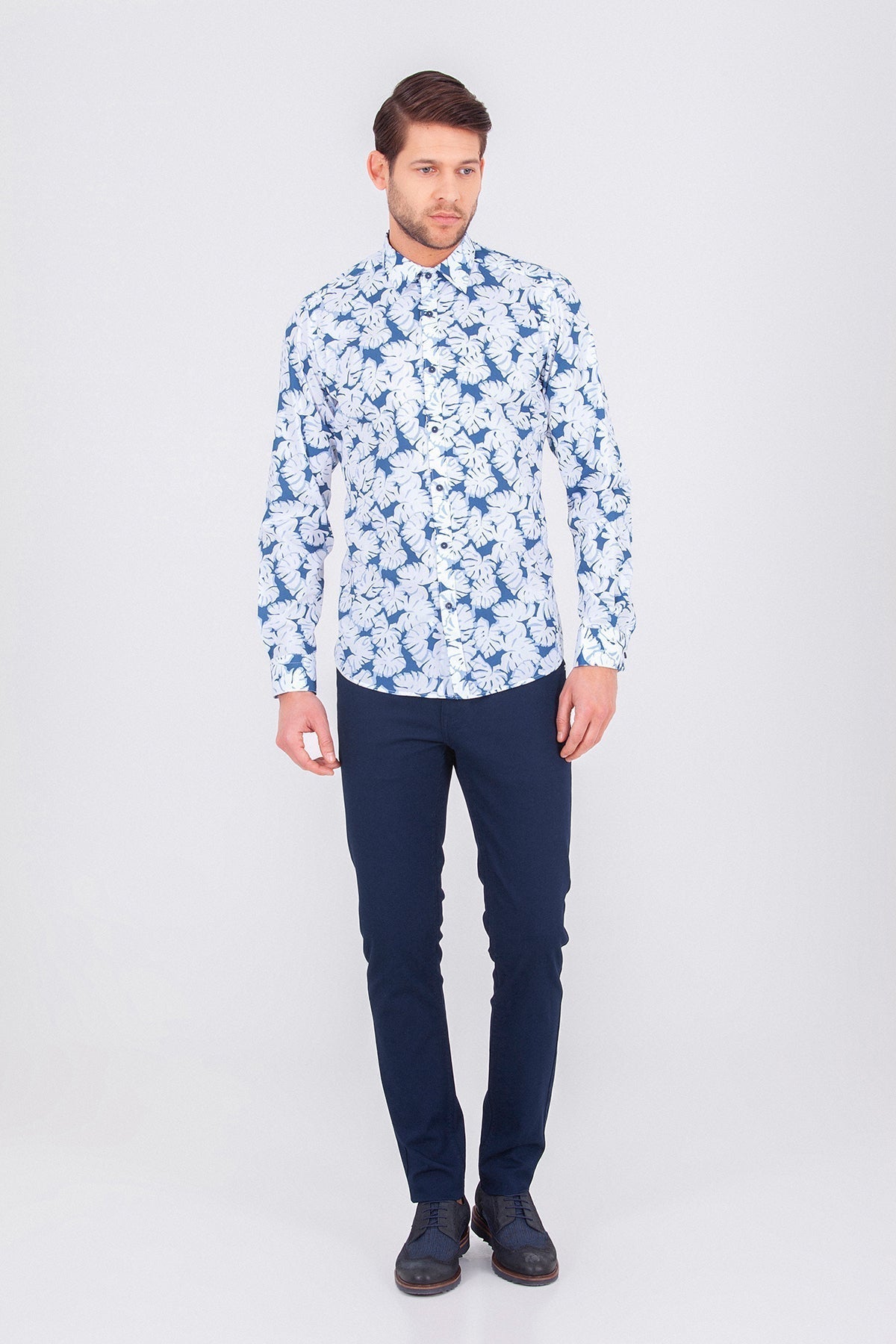 Slim Fit Long Sleeve Printed Cotton Blue Casual Shirt