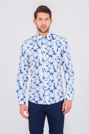 Slim Fit Long Sleeve Printed Cotton Blue Casual Shirt
