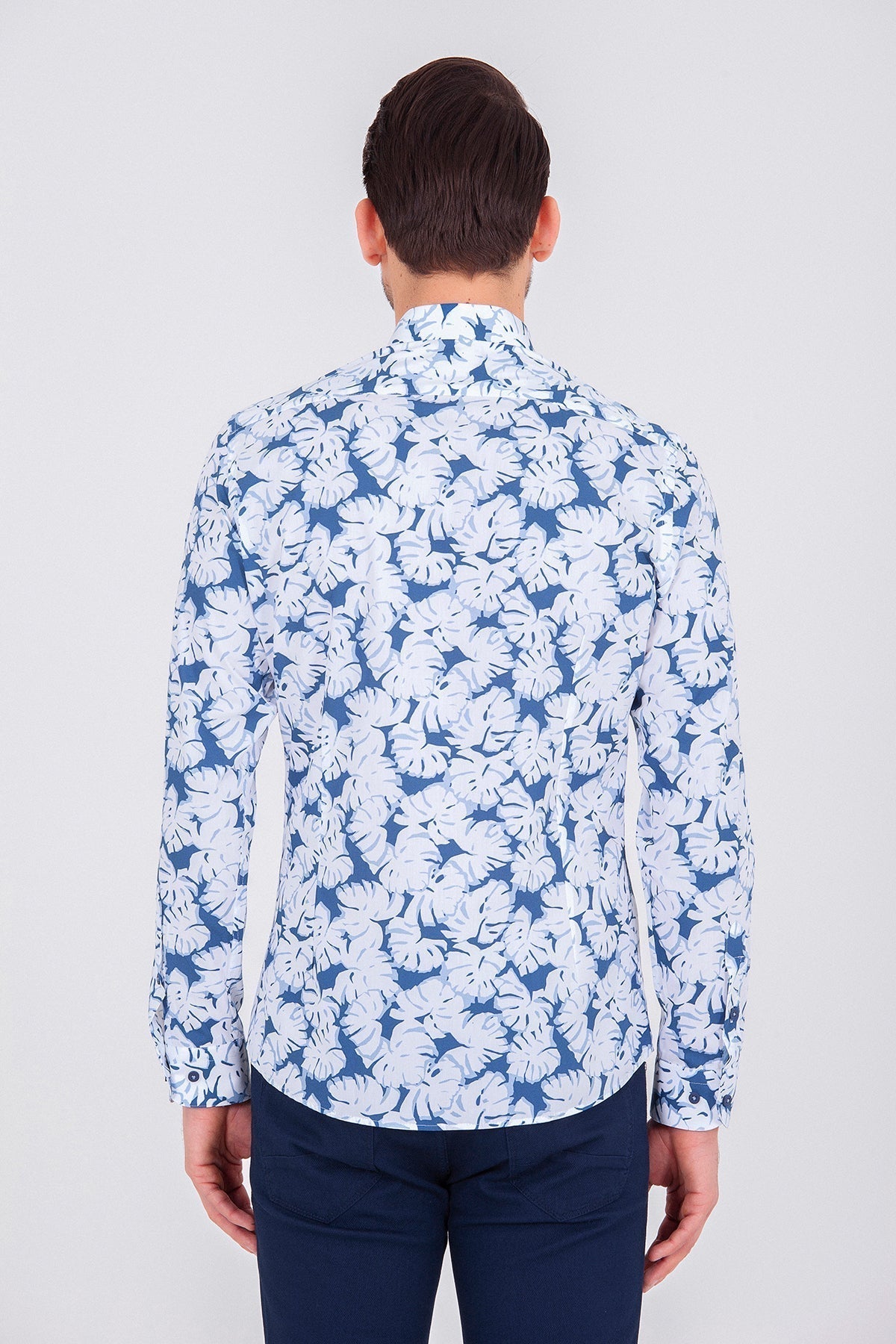 Slim Fit Long Sleeve Printed Cotton Blue Casual Shirt