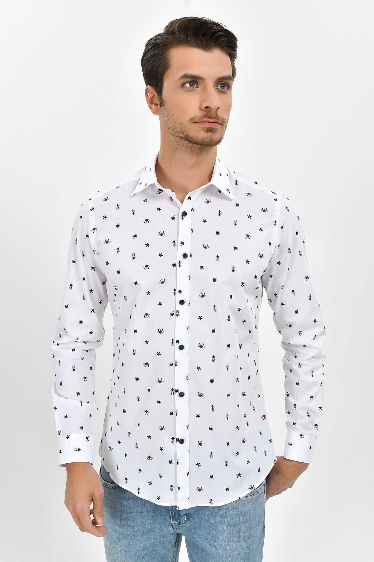 Slim Fit Long Sleeve Printed Cotton Casual Shirt - SAYKI