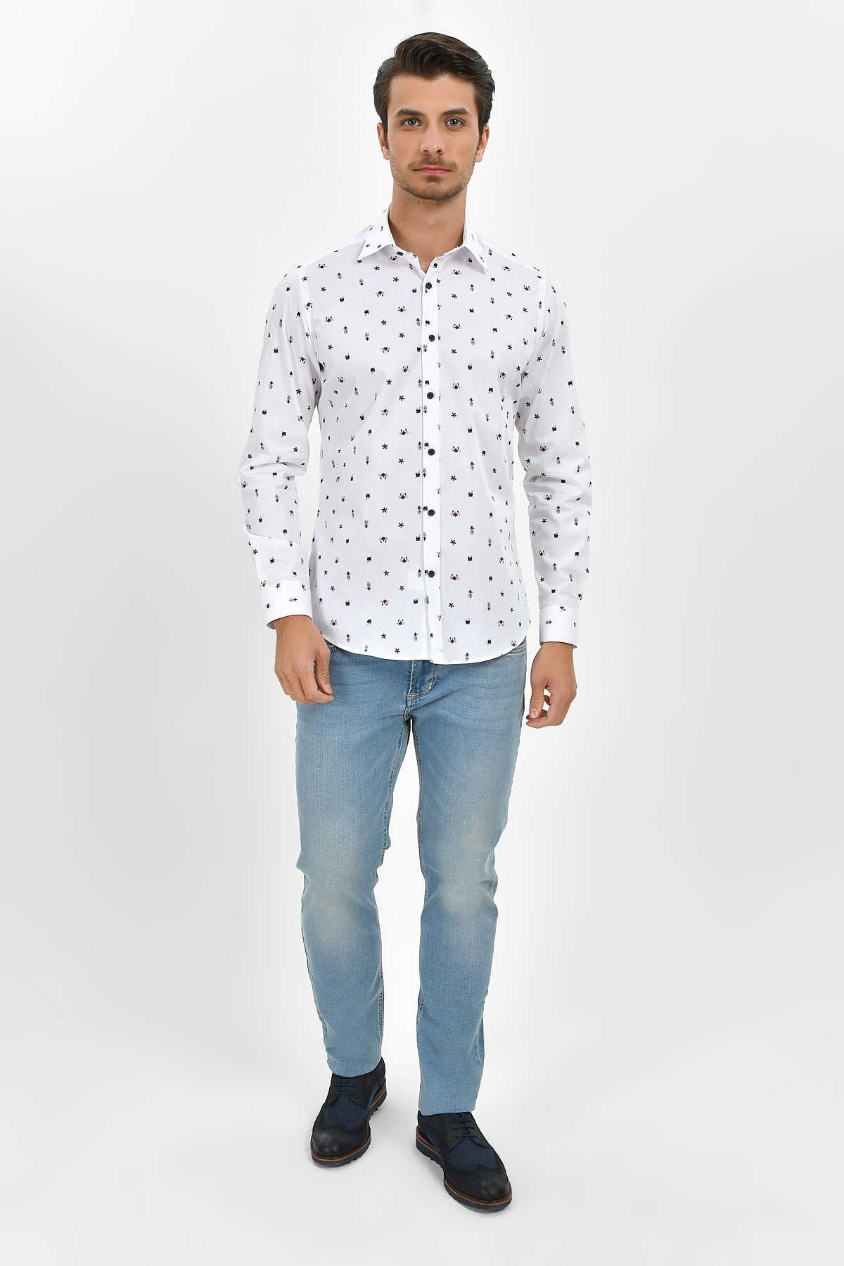 Slim Fit Long Sleeve Printed Cotton Casual Shirt - SAYKI