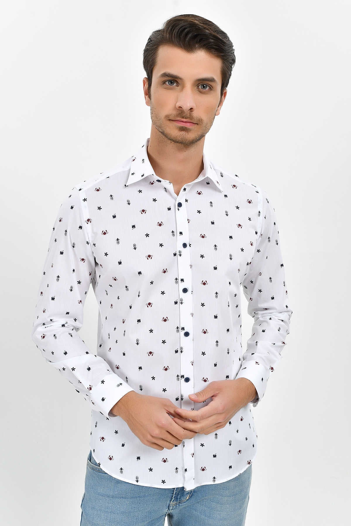 Slim Fit Long Sleeve Printed Cotton Casual Shirt - SAYKI