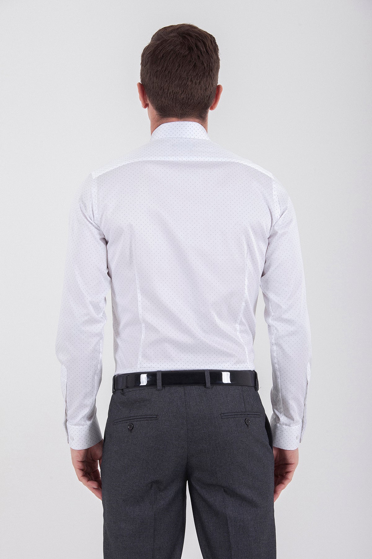 Slim Fit Long Sleeve Printed Cotton Gray Dress Shirt - SAYKI