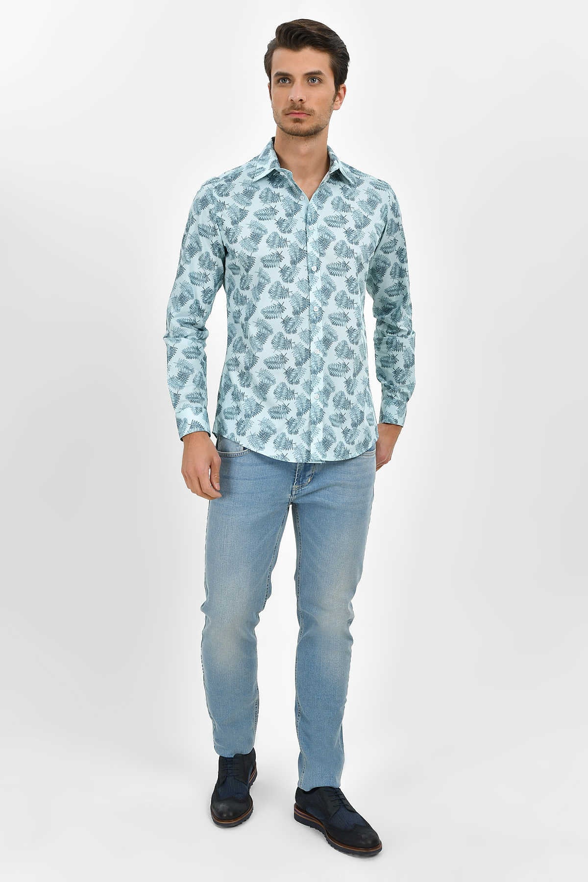 Slim Fit Long Sleeve Printed Cotton Mint Casual Shirt