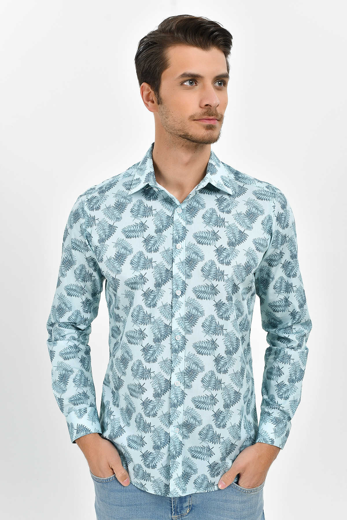Slim Fit Long Sleeve Printed Cotton Mint Casual Shirt