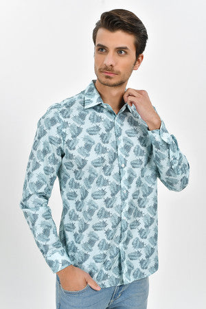 Slim Fit Long Sleeve Printed Cotton Mint Casual Shirt