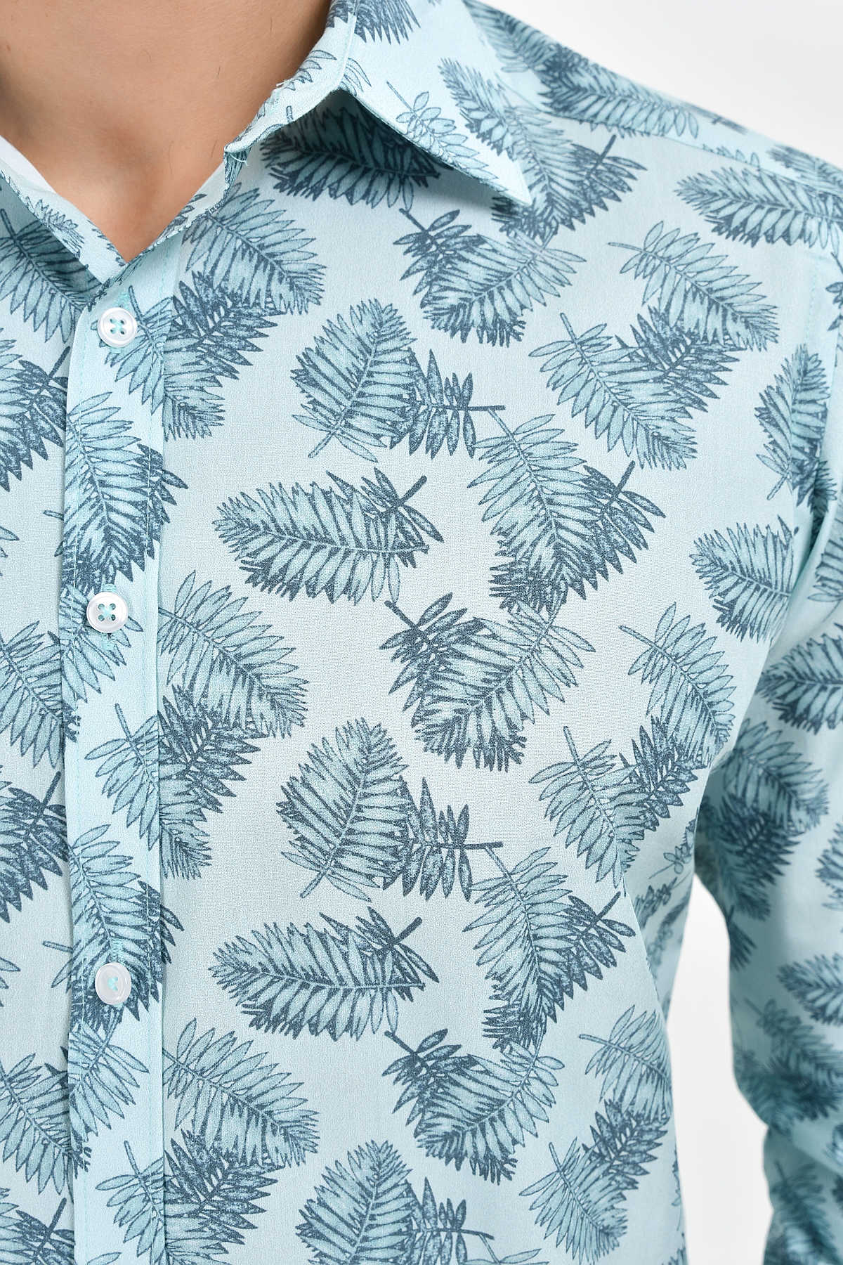 Slim Fit Long Sleeve Printed Cotton Mint Casual Shirt