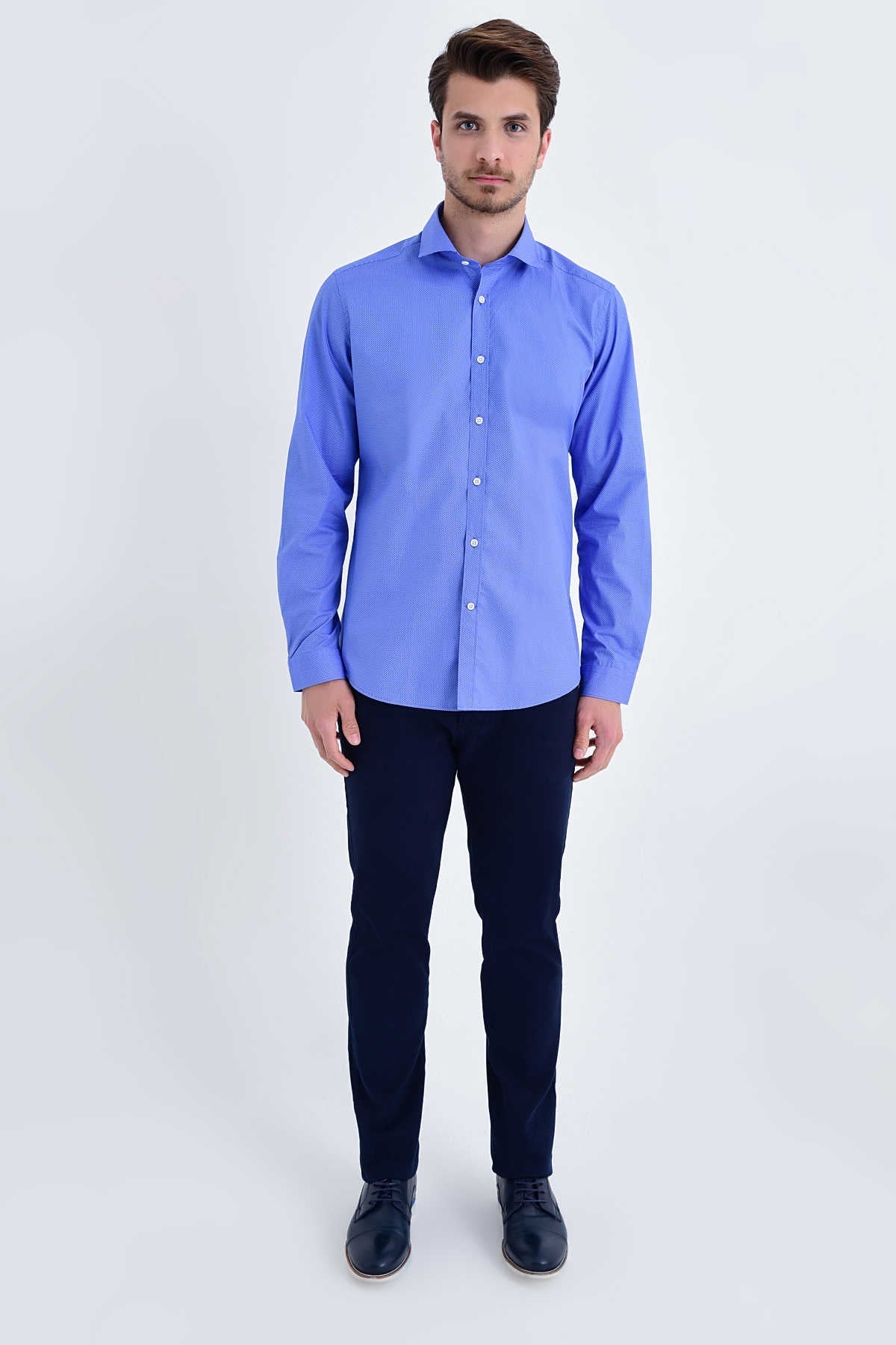 Slim Fit Long Sleeve Printed Cotton Navy Dress Shirt - SAYKI