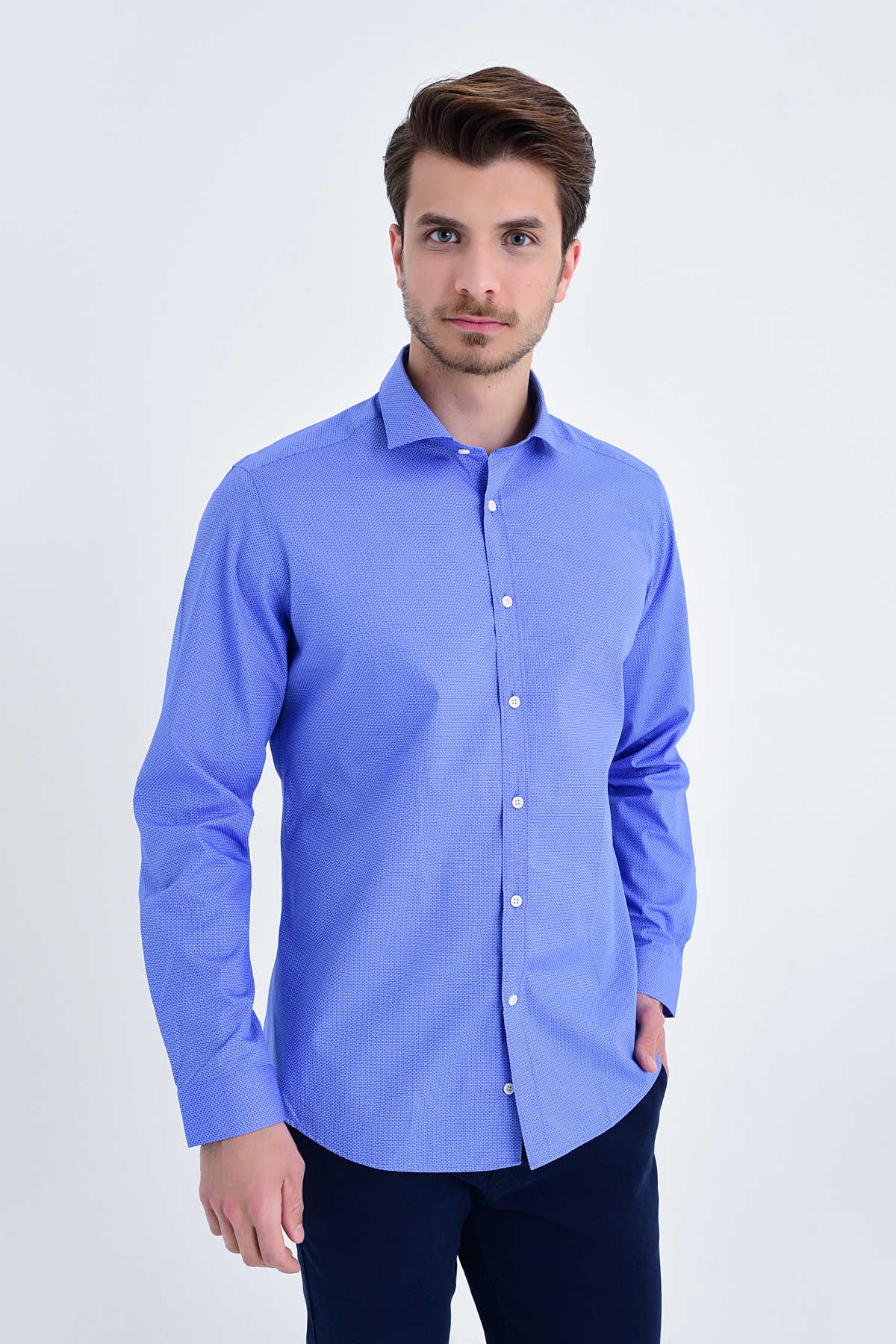 Slim Fit Long Sleeve Printed Cotton Navy Dress Shirt - SAYKI