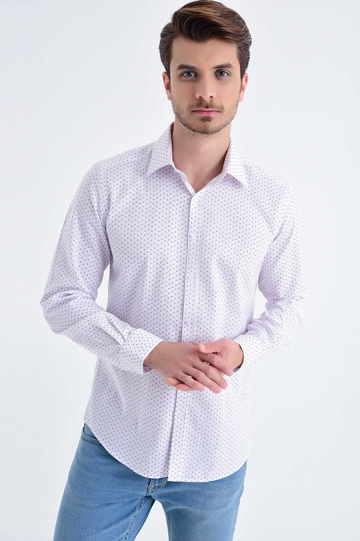 Slim Fit Long Sleeve Printed Cotton Red Casual Shirt - SAYKI