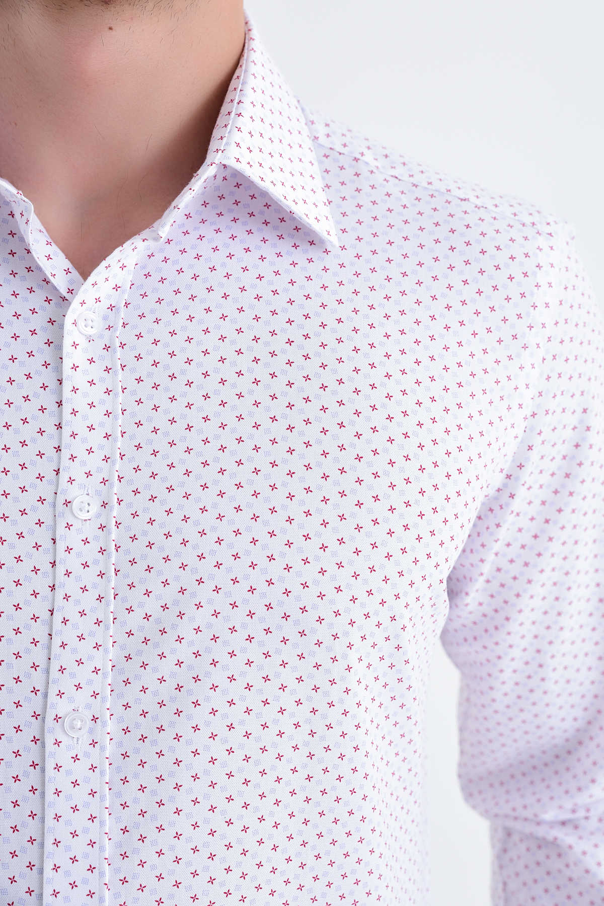 Slim Fit Long Sleeve Printed Cotton Red Casual Shirt - SAYKI