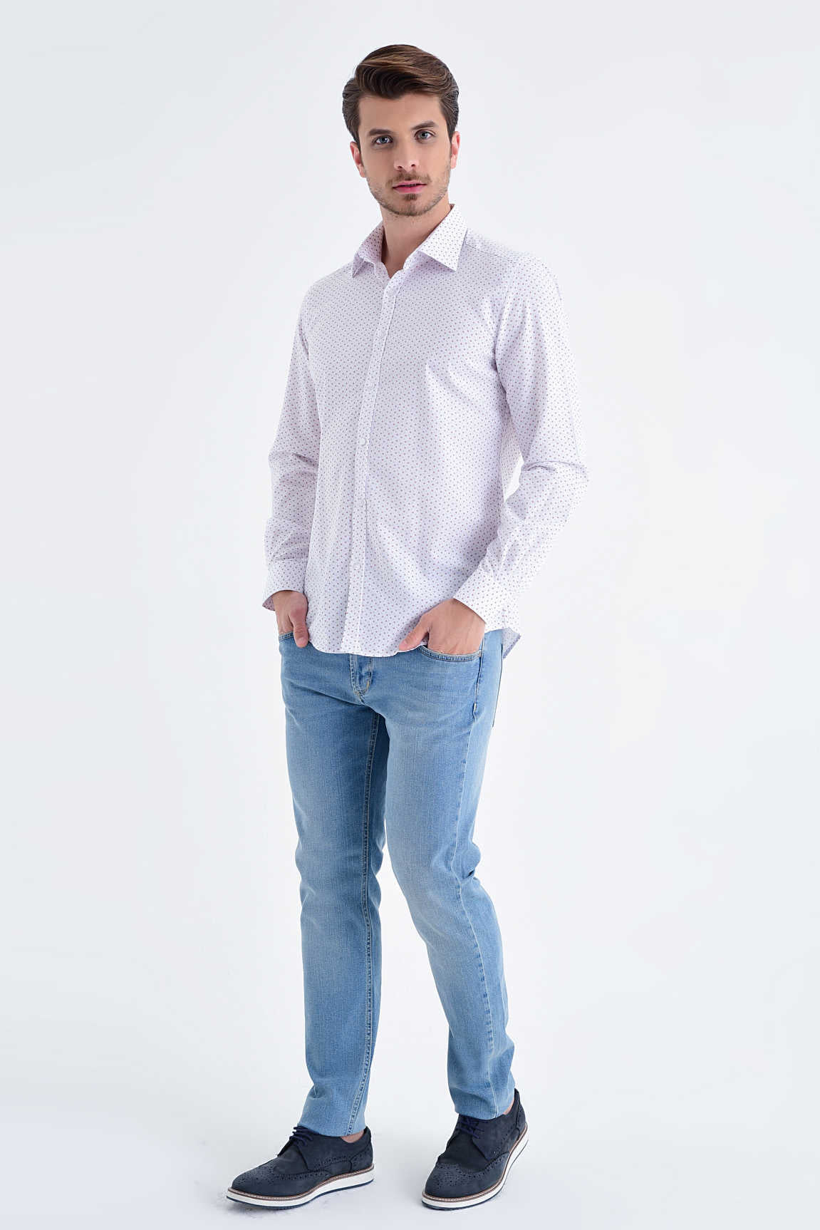 Slim Fit Long Sleeve Printed Cotton Red Casual Shirt - SAYKI