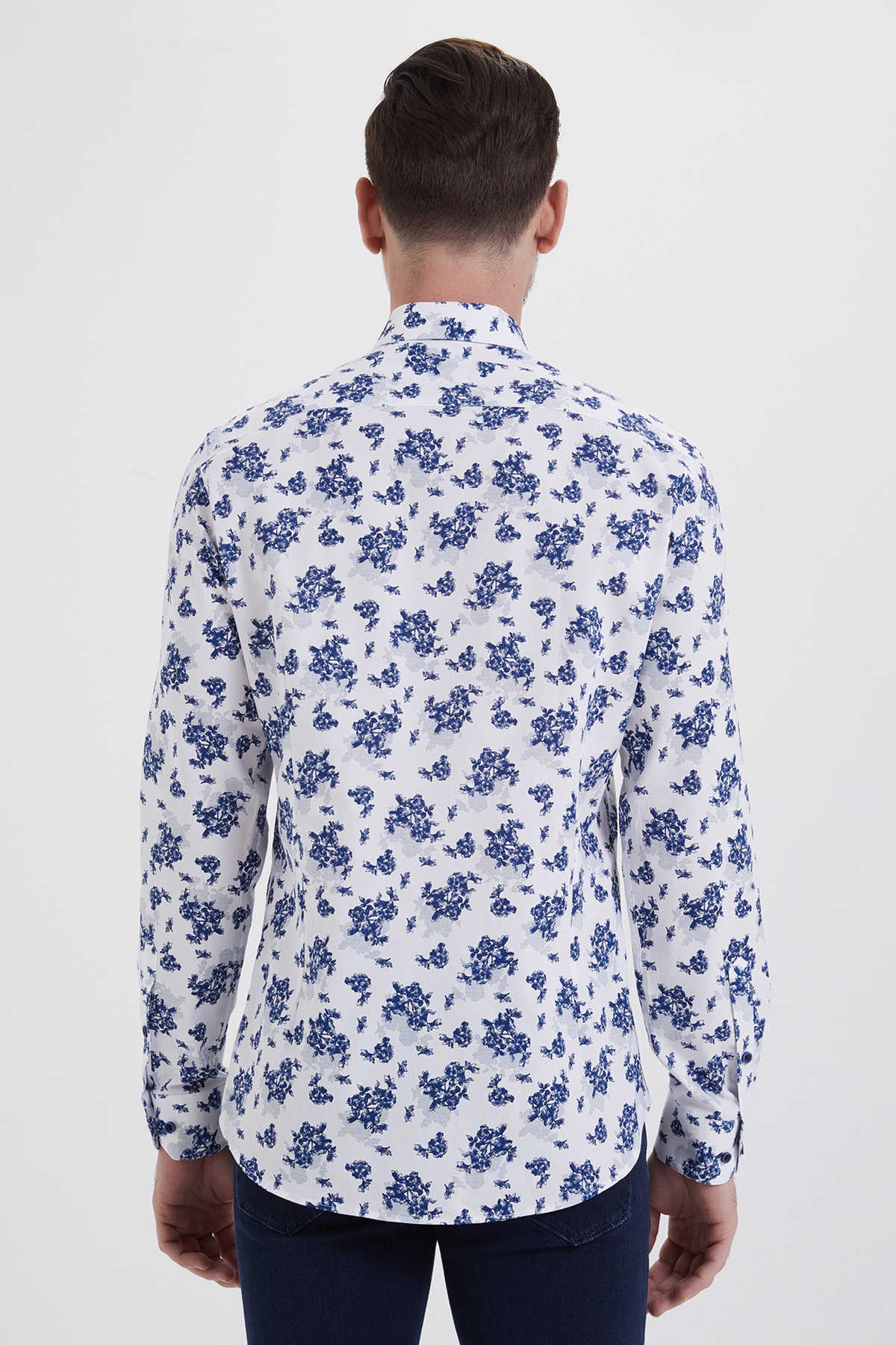 Slim Fit Long Sleeve Printed Cotton White Casual Shirt