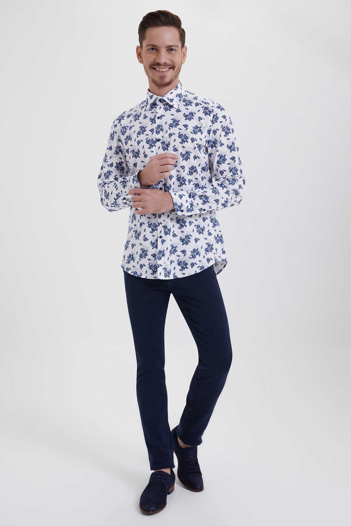 Slim Fit Long Sleeve Printed Cotton White Casual Shirt