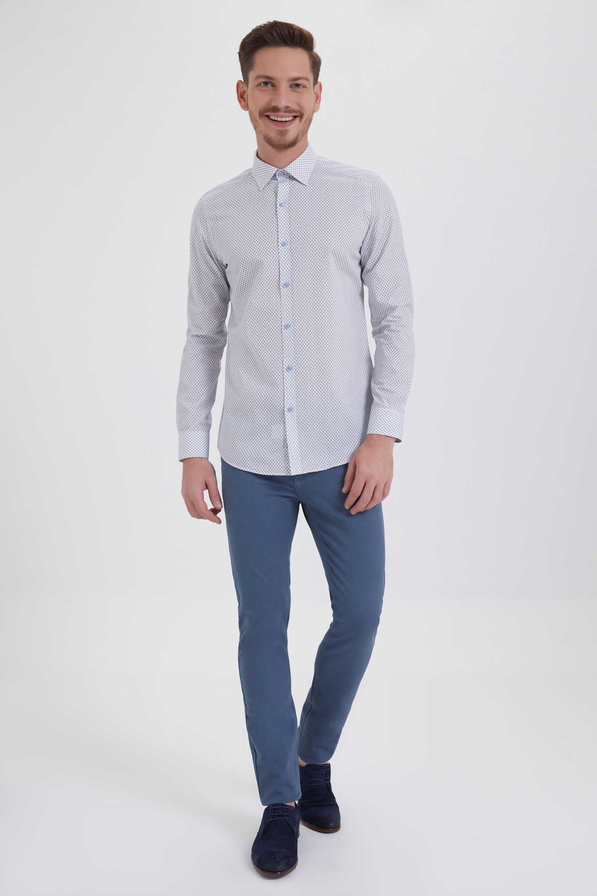 Slim Fit Long Sleeve Printed Cotton White Dress Shirt