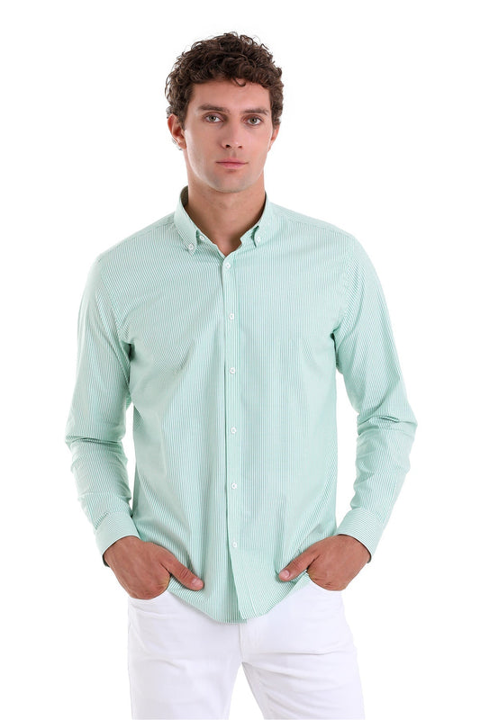 A light green and white vertically striped long-sleeved button-down shirt.
