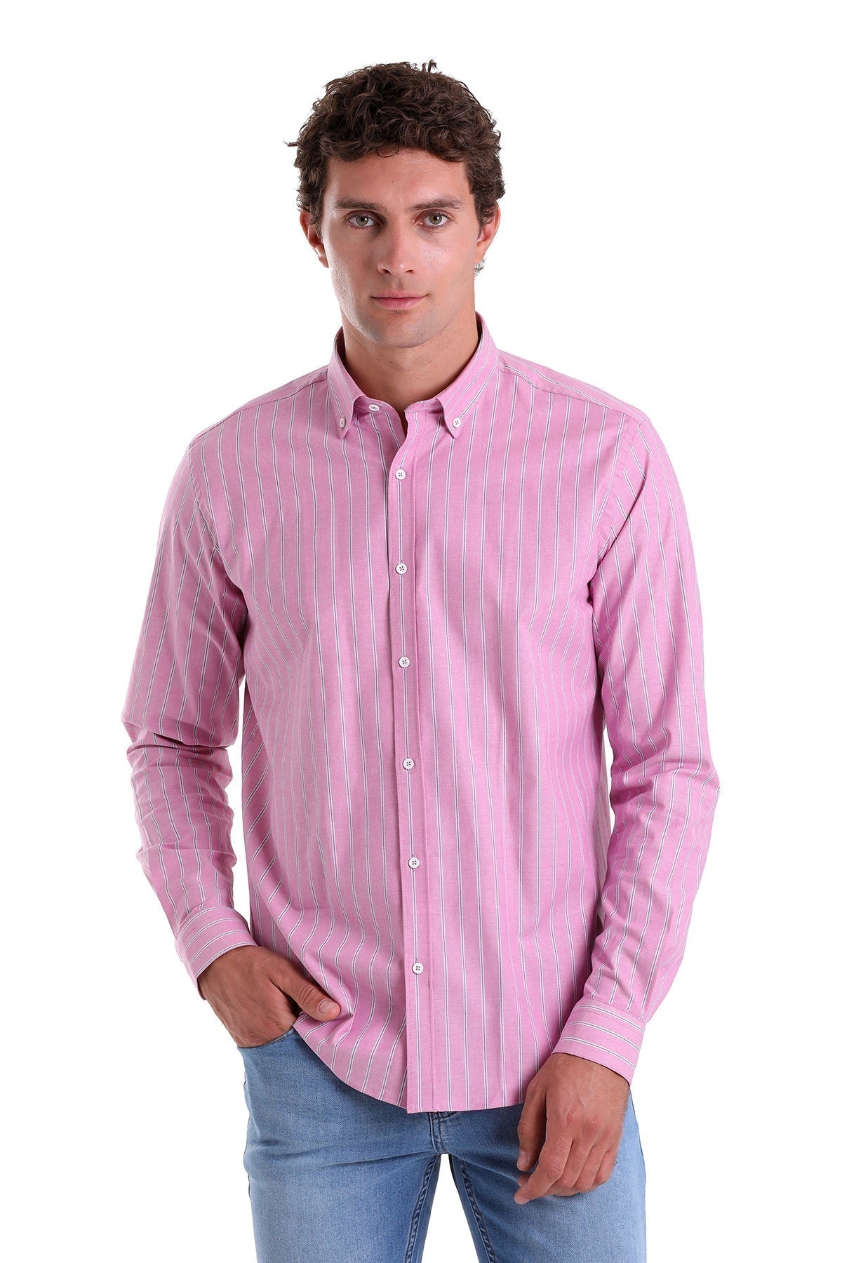 A pink button-down shirt with fine vertical stripes.