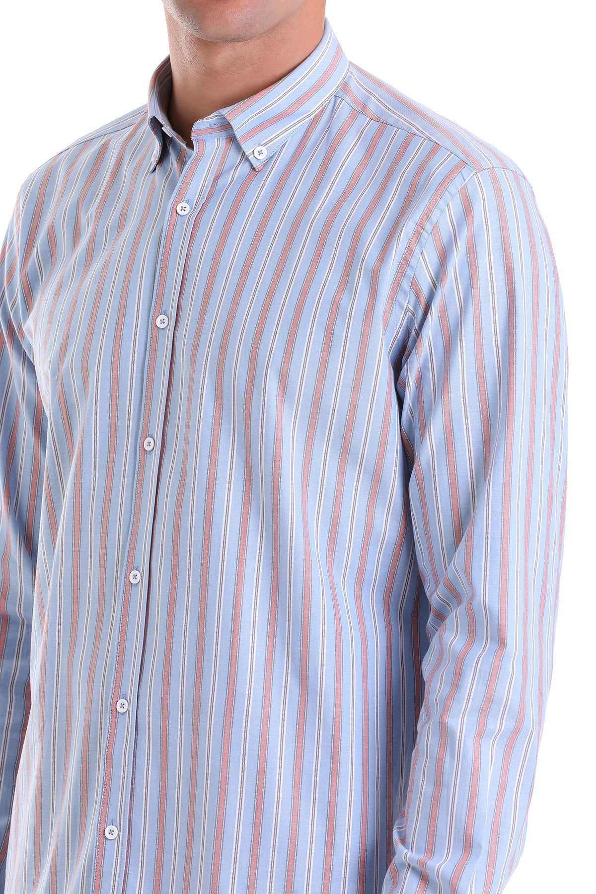 A men’s long-sleeved button-down shirt with vertical stripes in light blue, pink, and white.