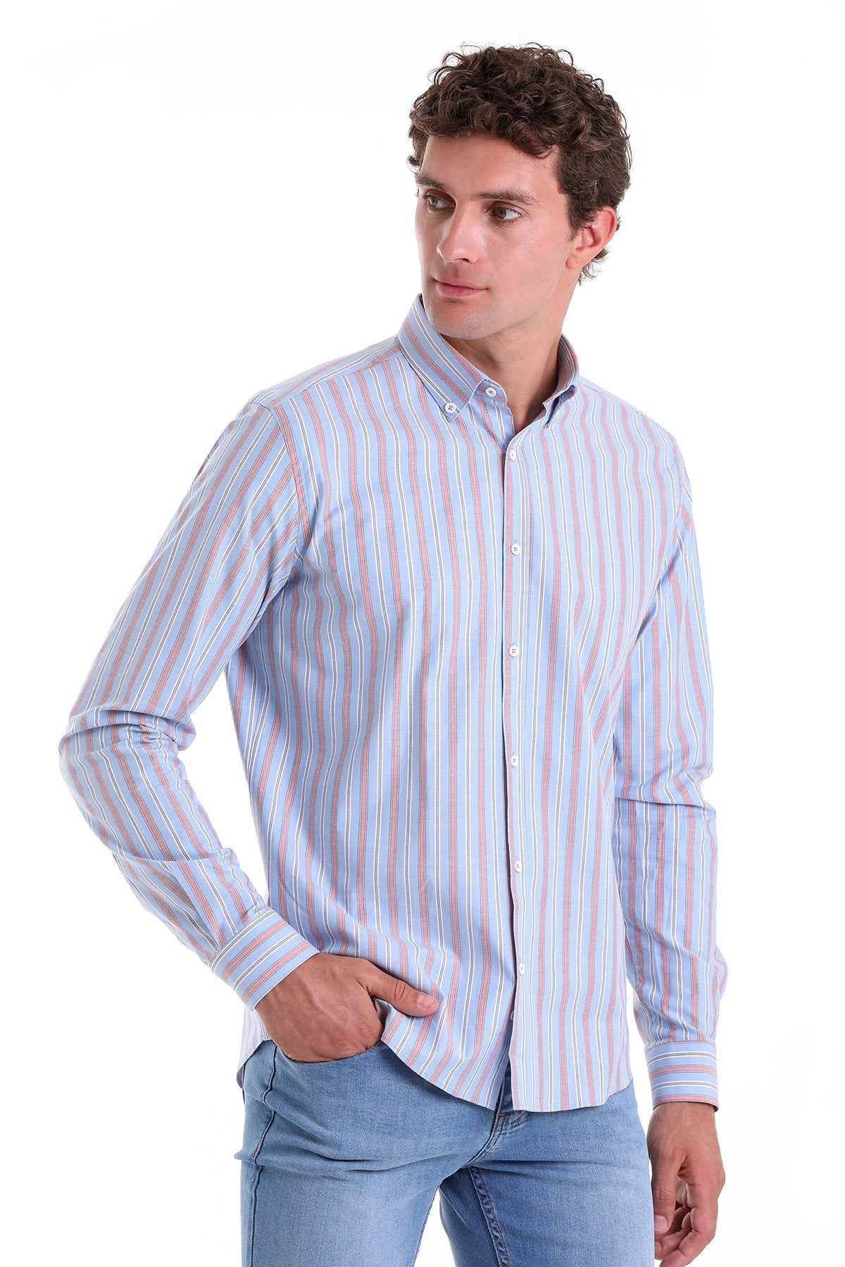 A light blue and pink vertically striped long-sleeved button-down shirt.