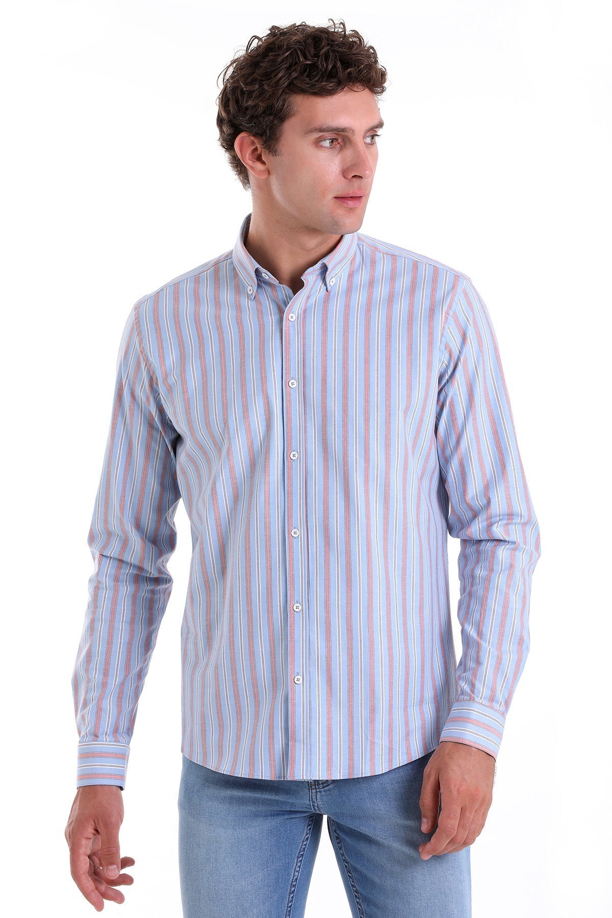 A men’s long-sleeved button-down shirt with vertical stripes in soft blue, pink, and white.