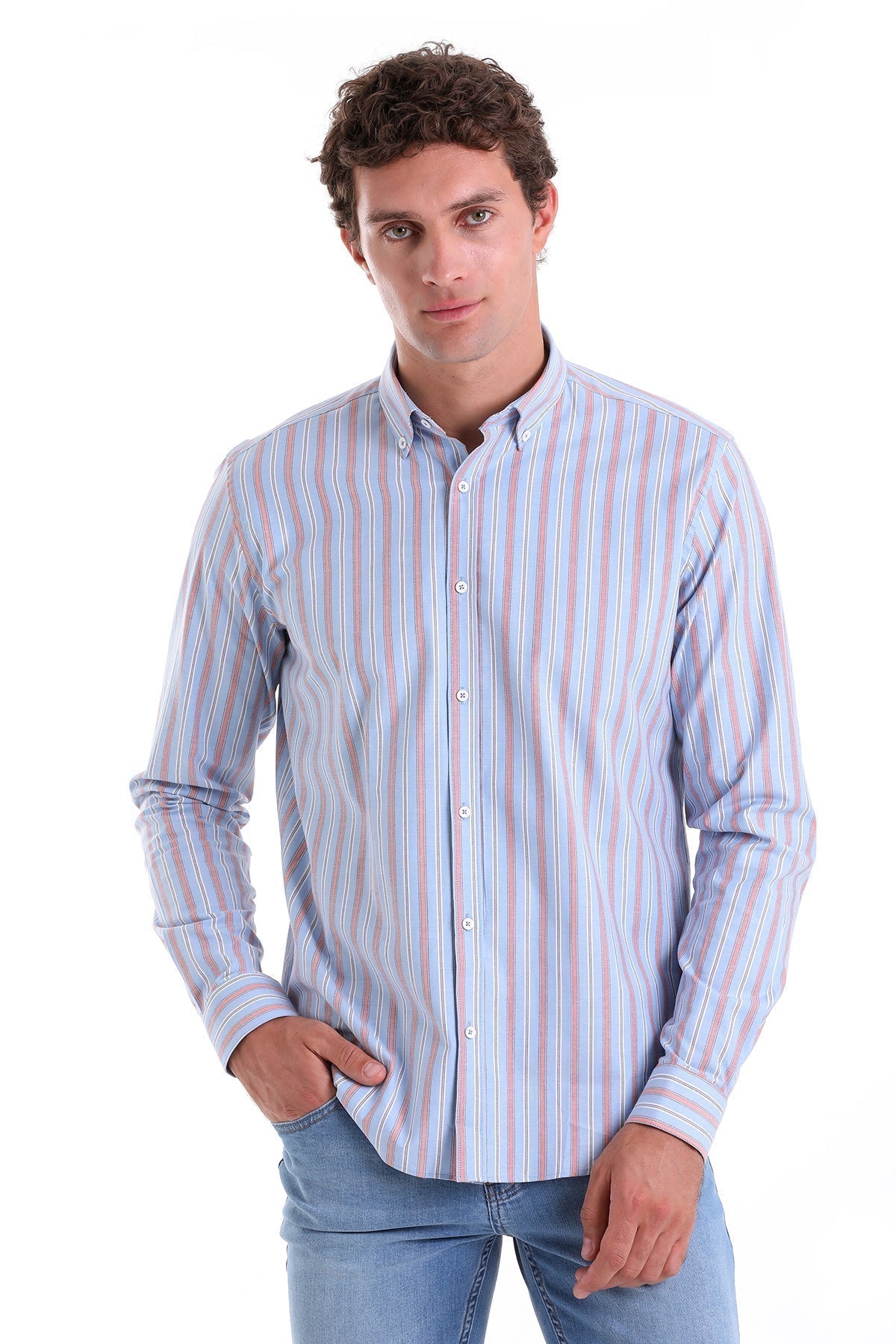 A men’s long-sleeved button-down shirt with vertical stripes in soft blue, light pink, and white.