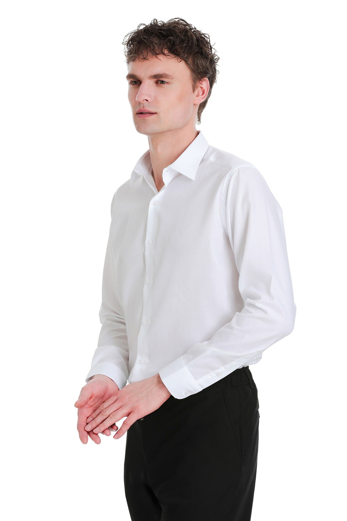 Slim Fit Long Sleeve White 100% Cotton Dress Shirt - SAYKI