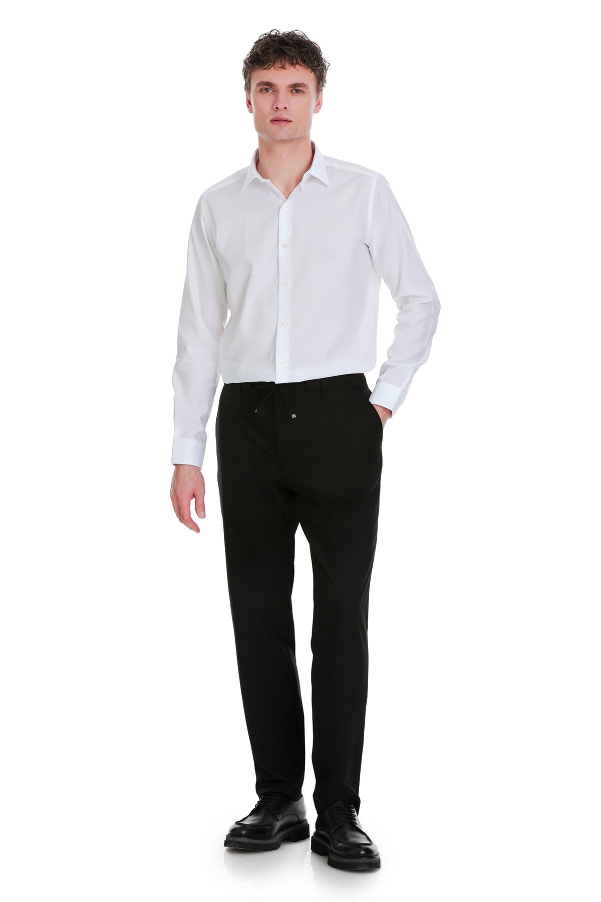 Slim Fit Long Sleeve White 100% Cotton Dress Shirt - SAYKI