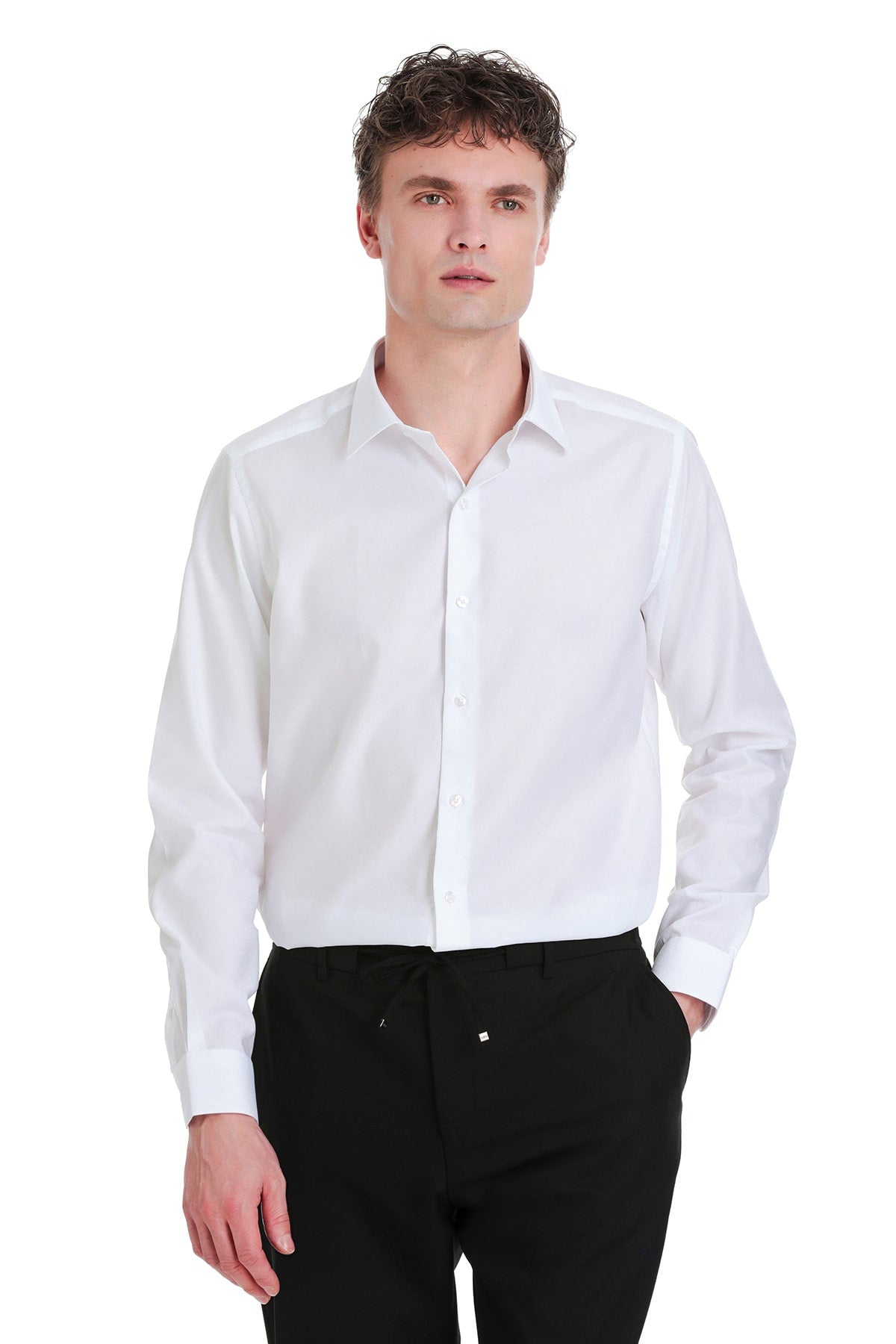 Slim Fit Long Sleeve White 100% Cotton Dress Shirt - SAYKI