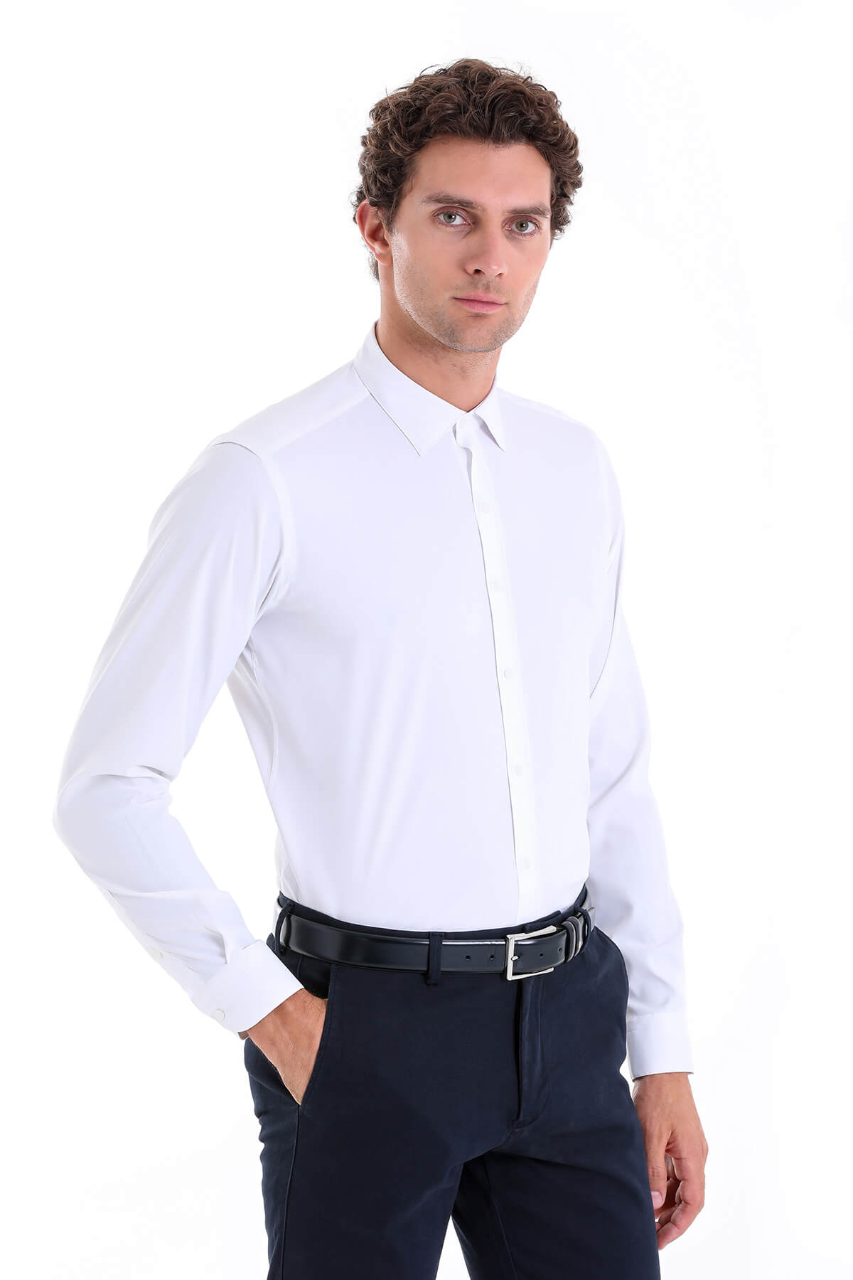 Slim Fit Long Sleeve White Casual Shirt - SAYKI
