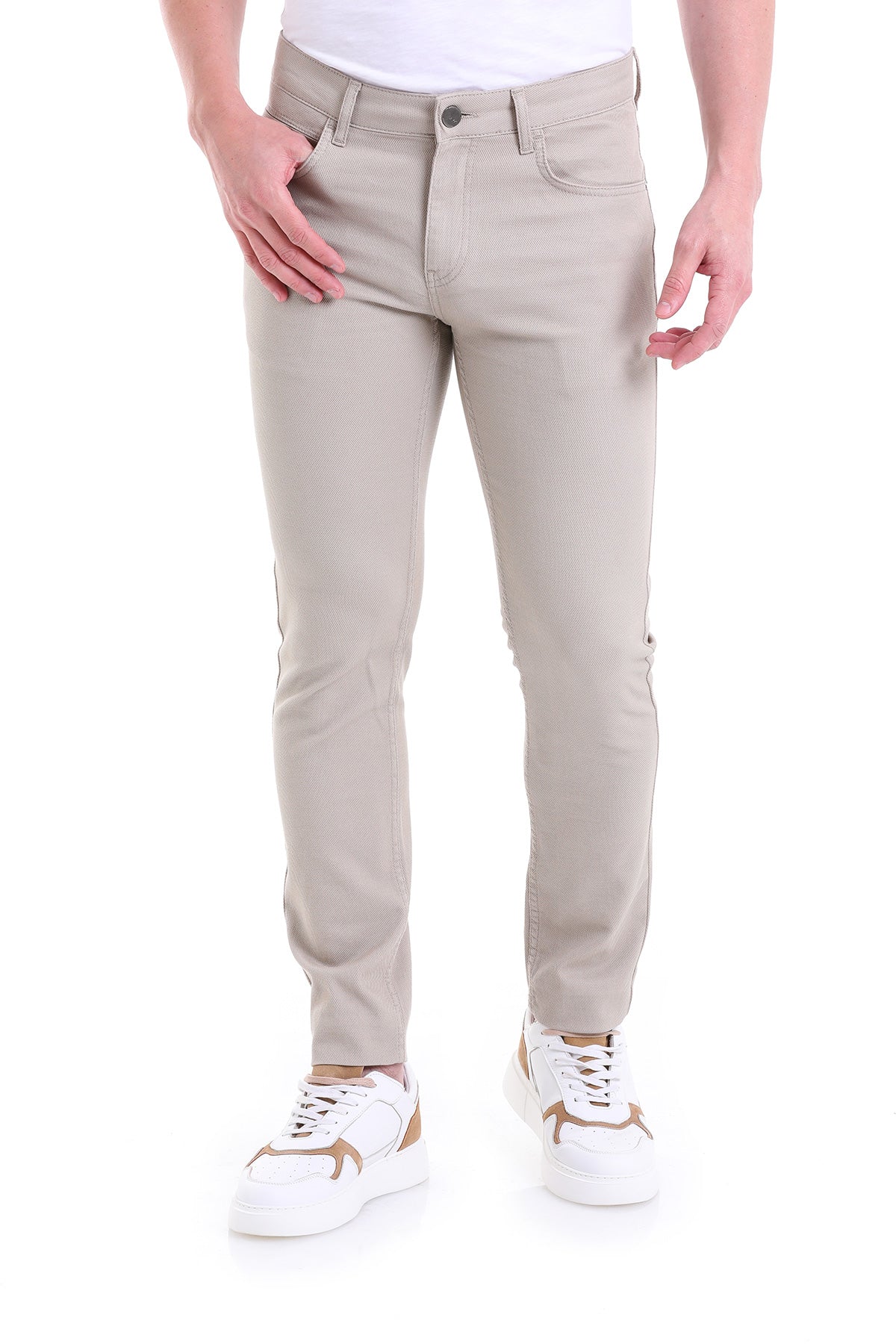 Slim Fit Low Waist Beige Cotton Casual Pants - SAYKI