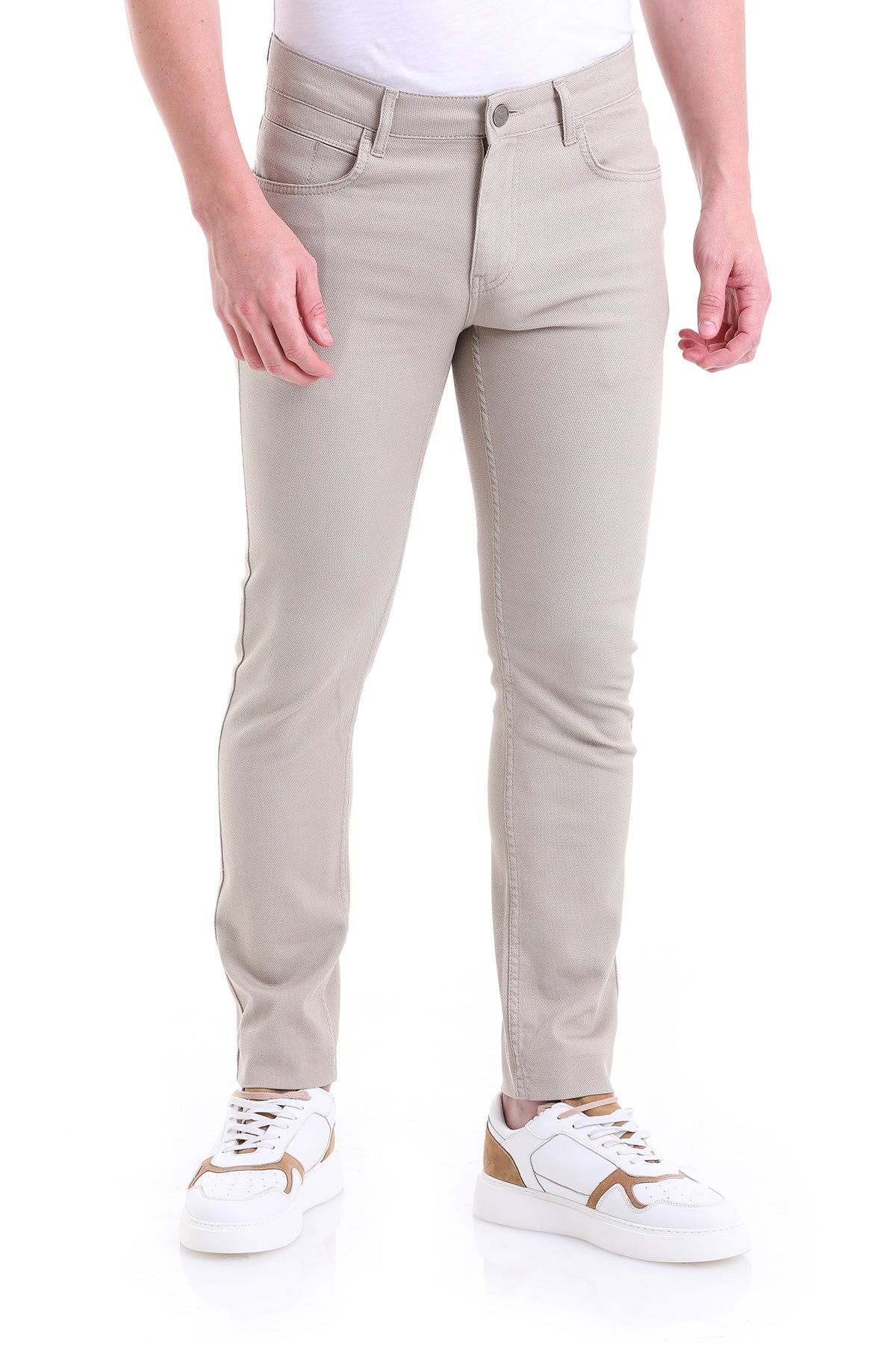 Slim Fit Low Waist Beige Cotton Casual Pants - SAYKI