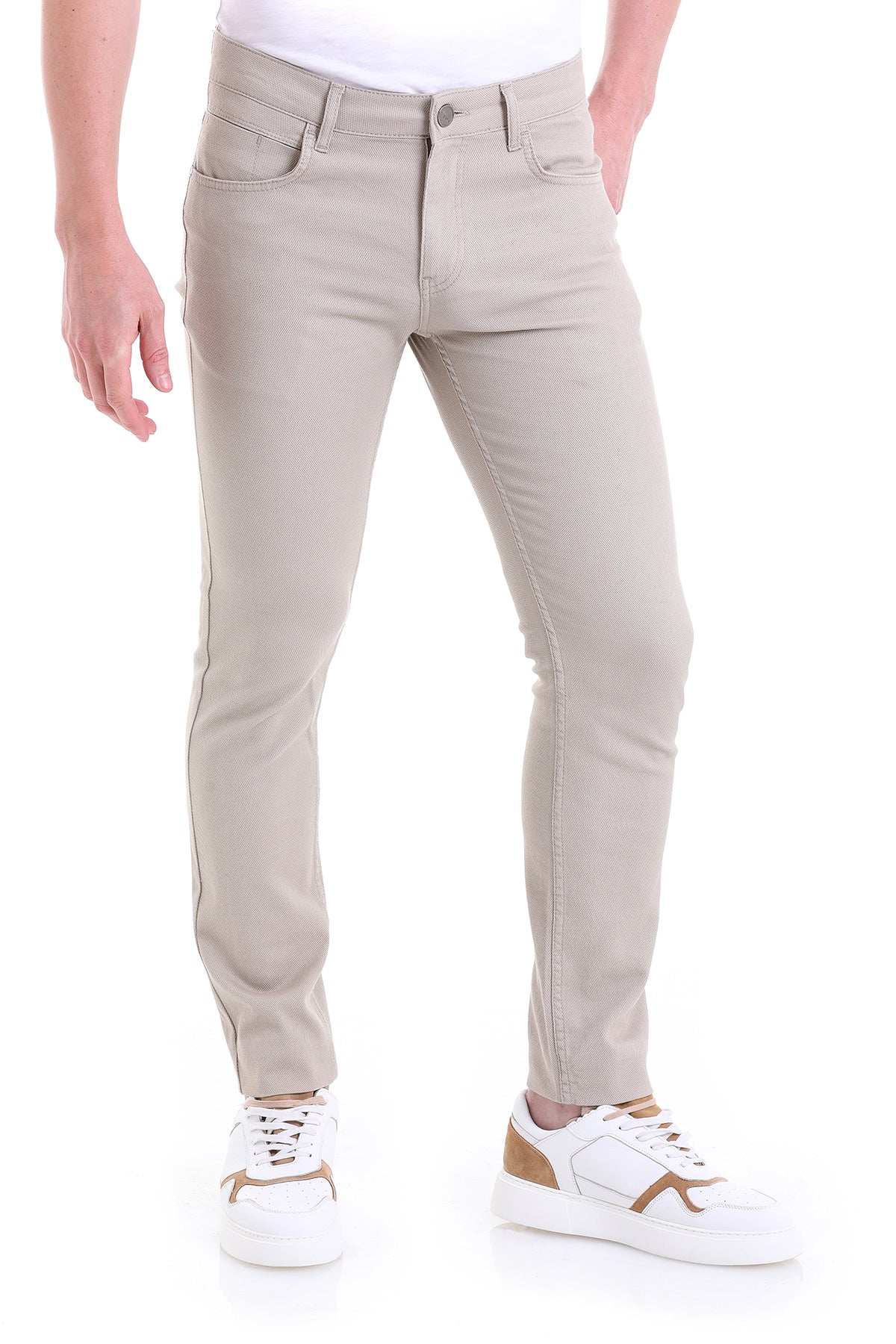 Slim Fit Low Waist Beige Cotton Casual Pants - SAYKI