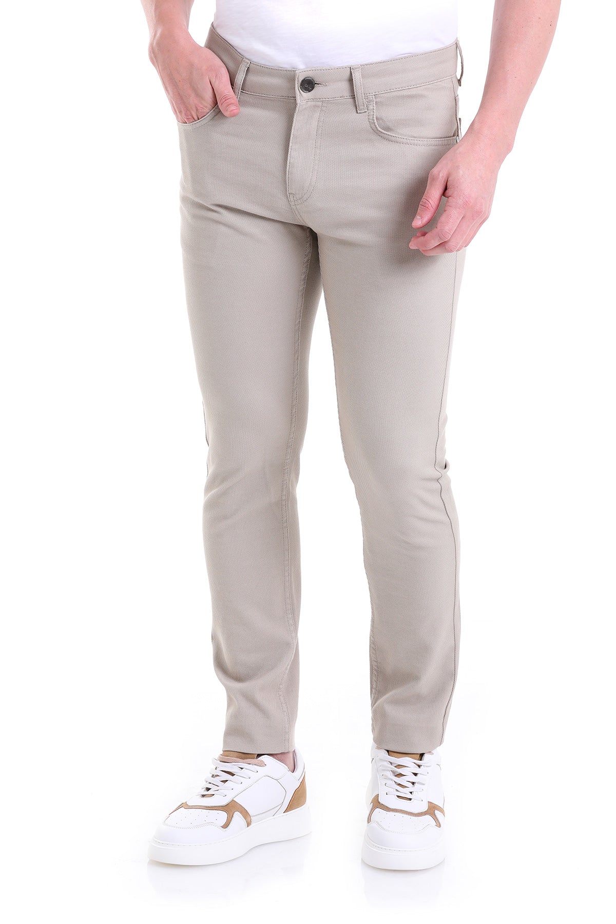Slim Fit Low Waist Beige Cotton Casual Pants - SAYKI
