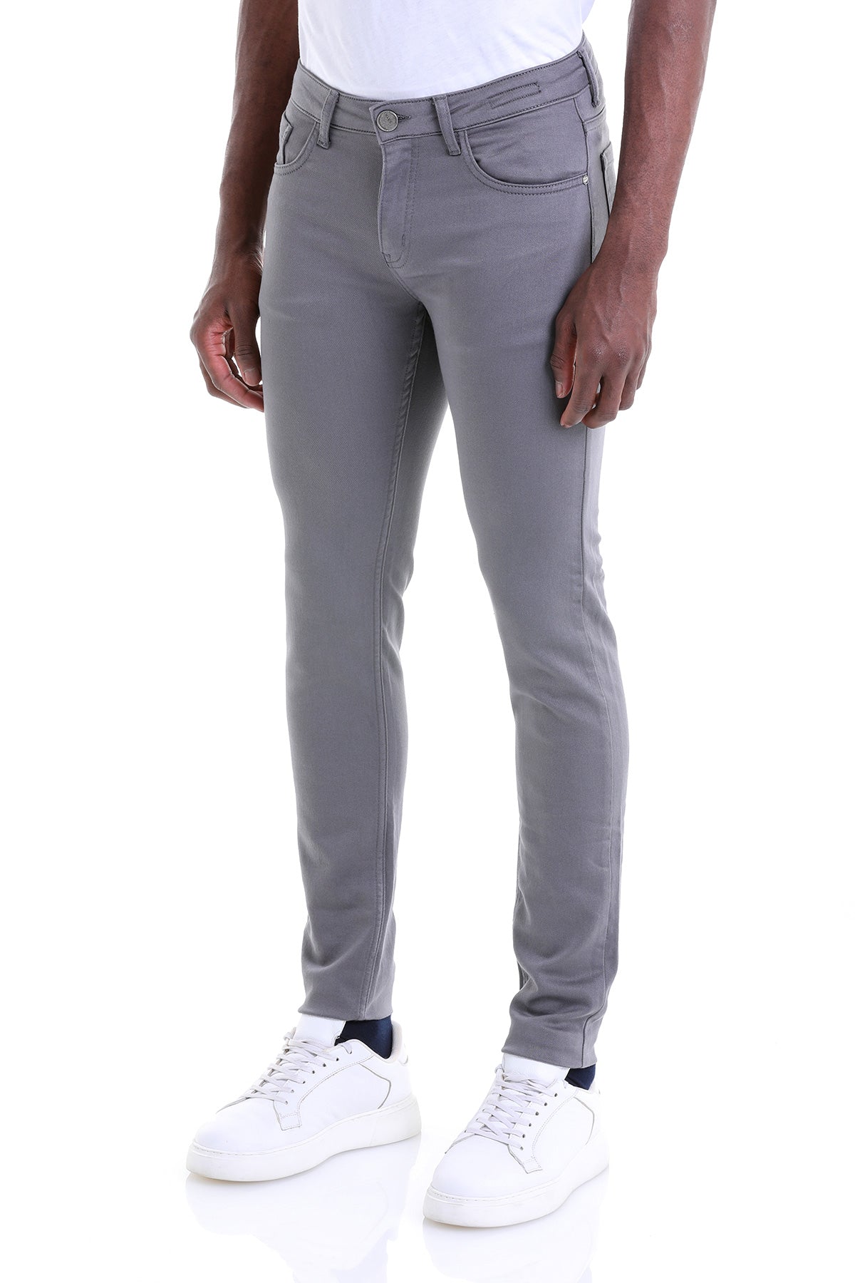 Gray slim-fit jeans with a clean, modern design and subtle stitching details.