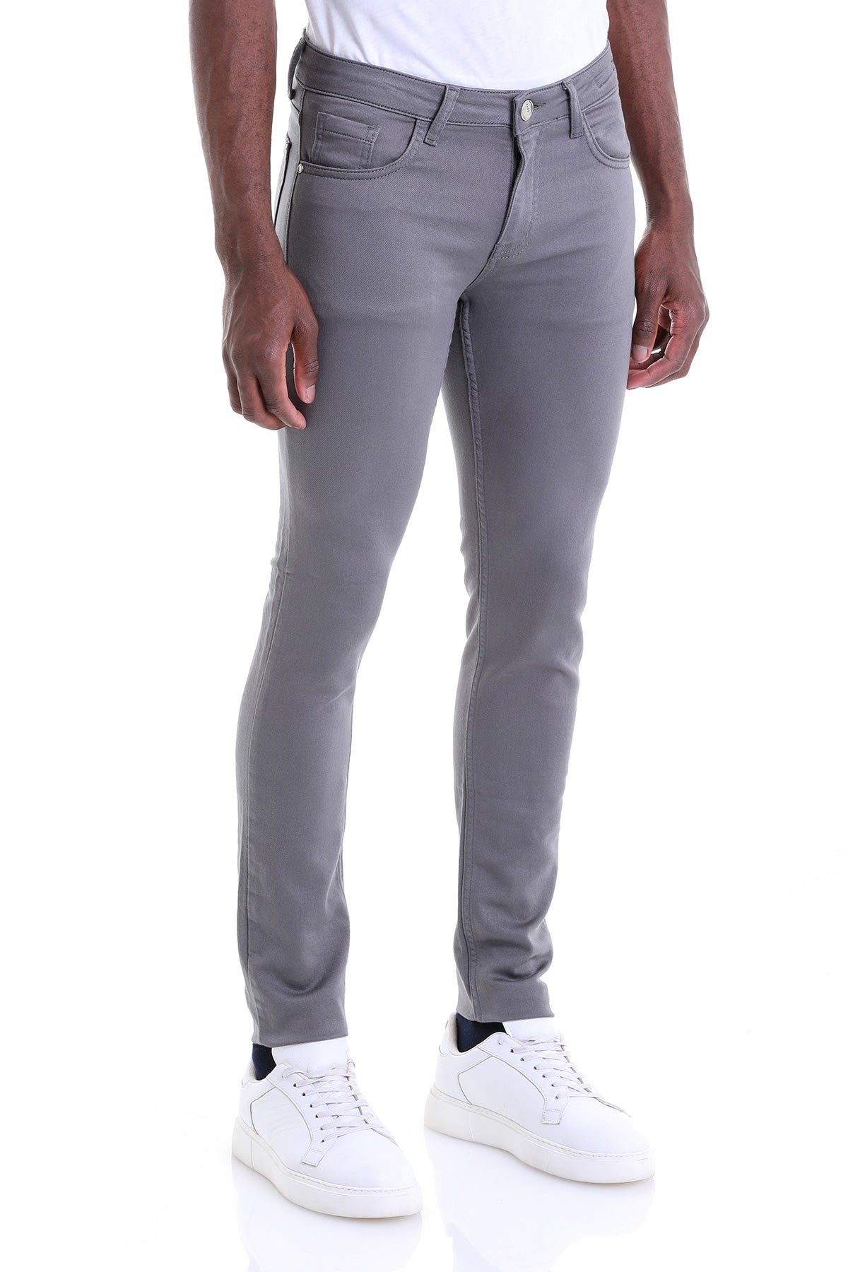 Gray slim-fit jeans with a subtle texture and clean stitching.