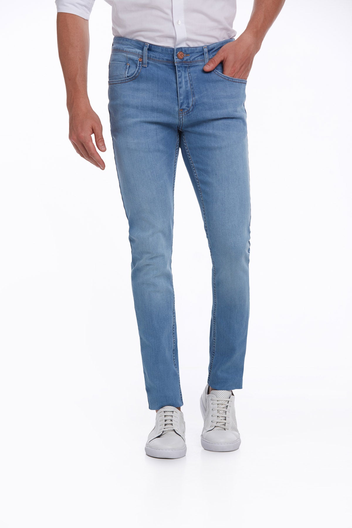Slim Fit Low Waist Ice Blue Cotton Denim - SAYKI