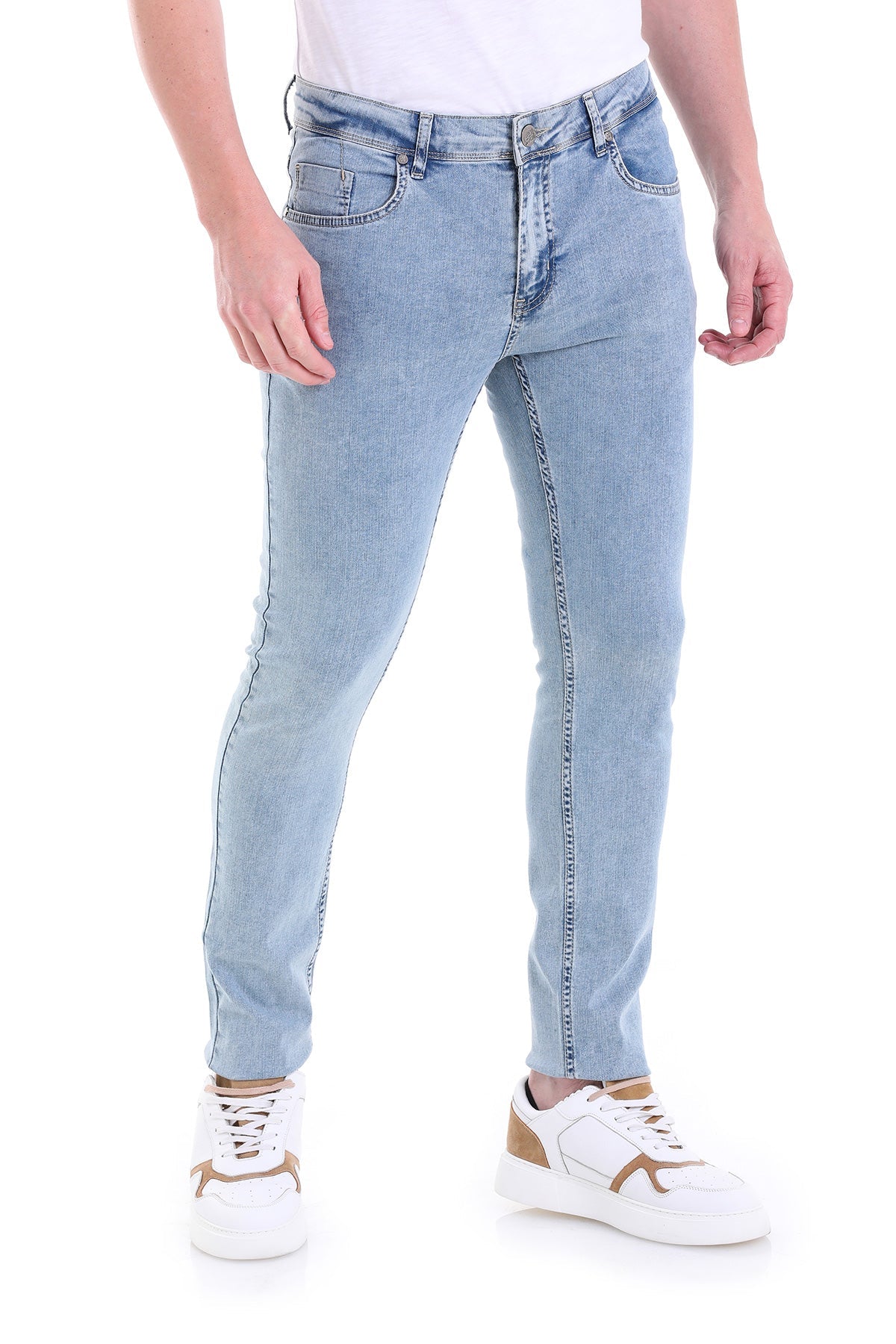 Light-wash denim jeans with a slim fit and classic stitching details.