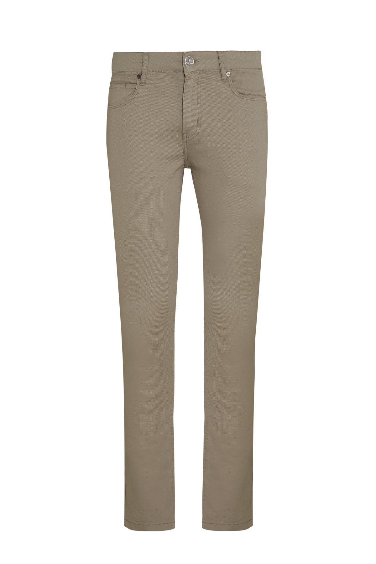 Khaki-colored, slim-fit trousers with a classic five-pocket design and subtle stitching details.