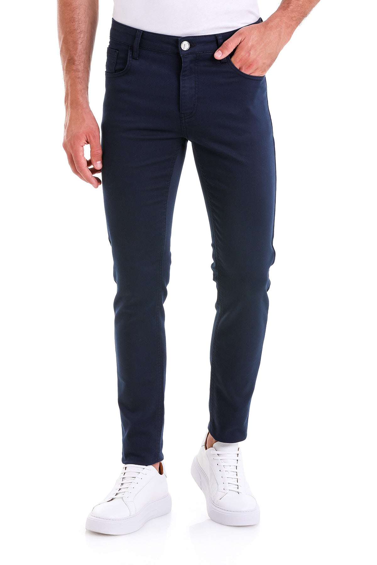 Slim Fit Low Waist Navy Cotton Casual Pants - SAYKI