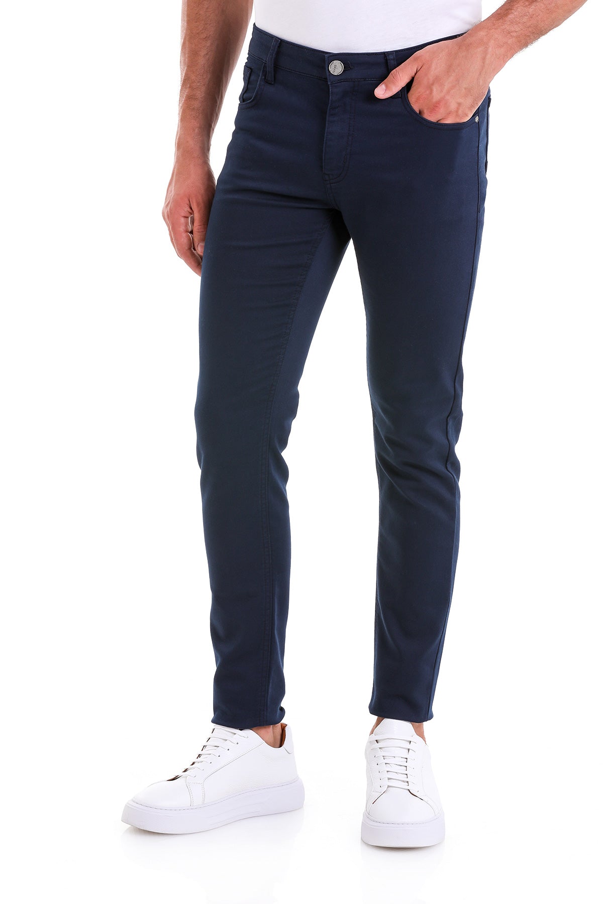Slim Fit Low Waist Navy Cotton Casual Pants - SAYKI