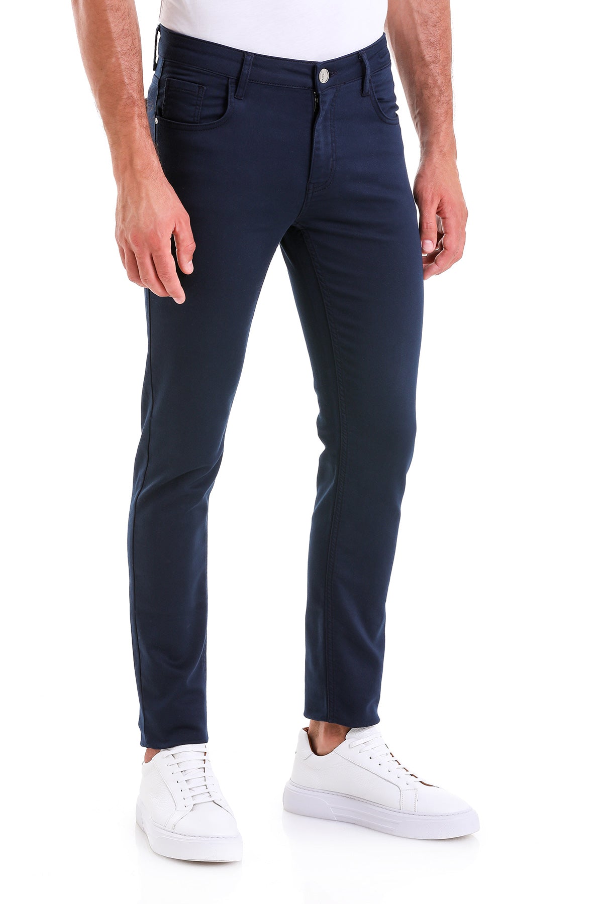 Slim Fit Low Waist Navy Cotton Casual Pants - SAYKI