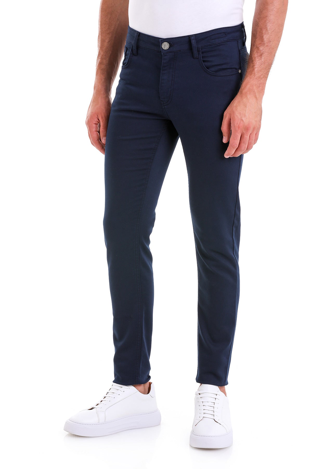 Slim Fit Low Waist Navy Cotton Casual Pants - SAYKI
