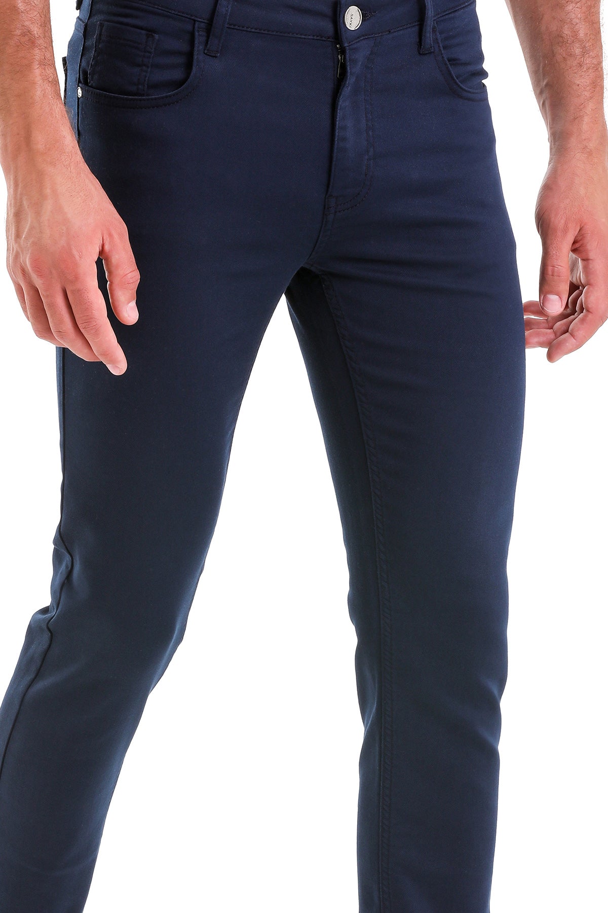 Slim Fit Low Waist Navy Cotton Casual Pants - SAYKI