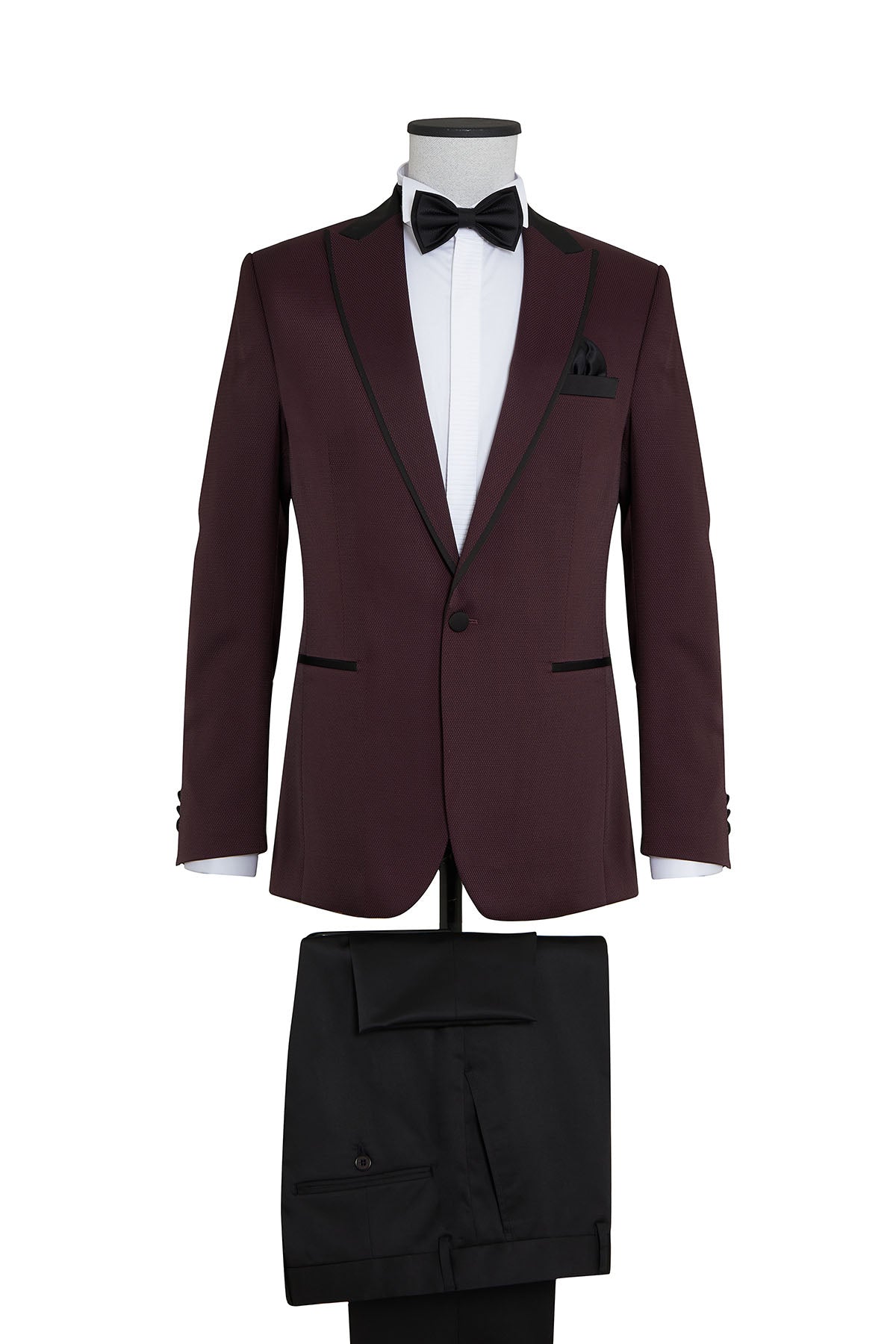 A maroon tuxedo jacket with black satin trim and matching bow tie, paired with a crisp white shirt.