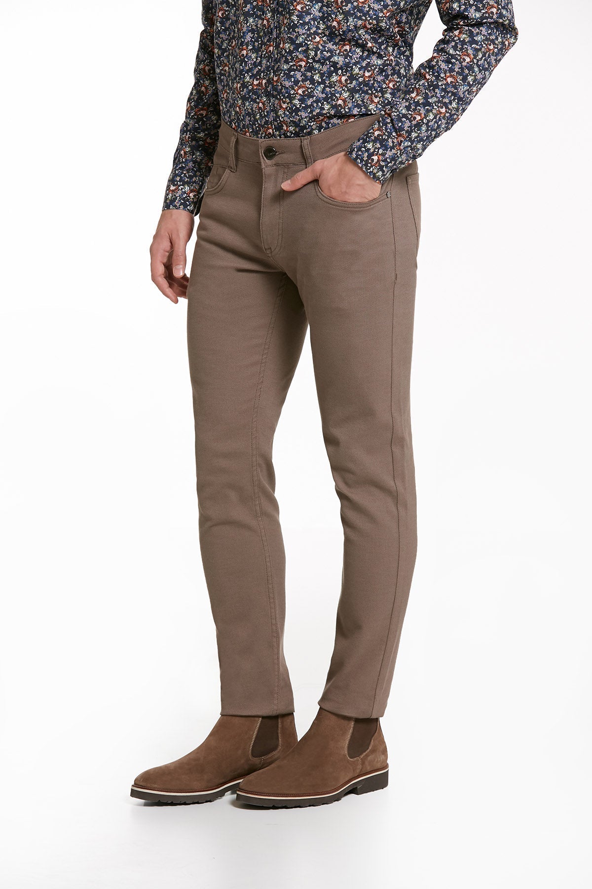 Tan slim-fit chinos with a classic five-pocket design and button closure.