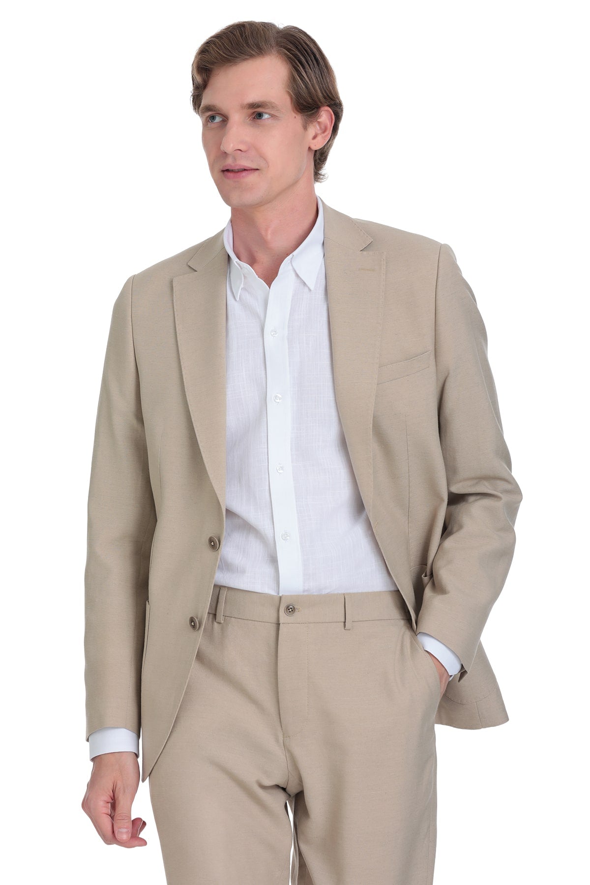 Beige wool blend suit jacket with notched lapels and two-button closure.