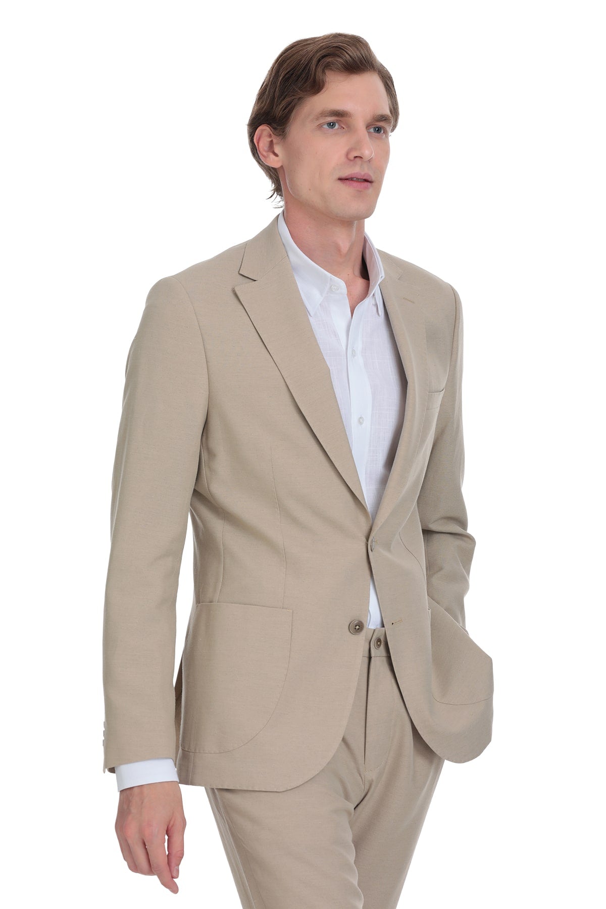 Beige tailored suit jacket with a single button closure and notched lapels.